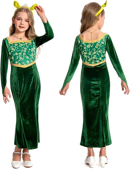 Girls Princess Costume Dress Pretty Green Gown Halloween Long Sleeve Outfit Birthday Party Cosplay Dress Up