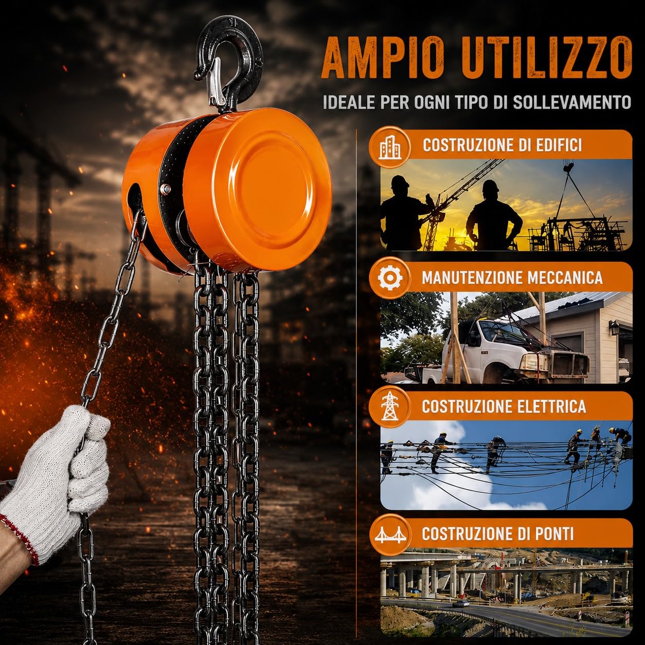Paranco a Catena Manuale 5000KG Argano Sollevatore Altezza Sollevamento 3 Metri con Gancio Robusto Girevole 360° Catena Acciaio G80 per Garage, Motore Auto, Sollevamento per Carichi Pesanti
