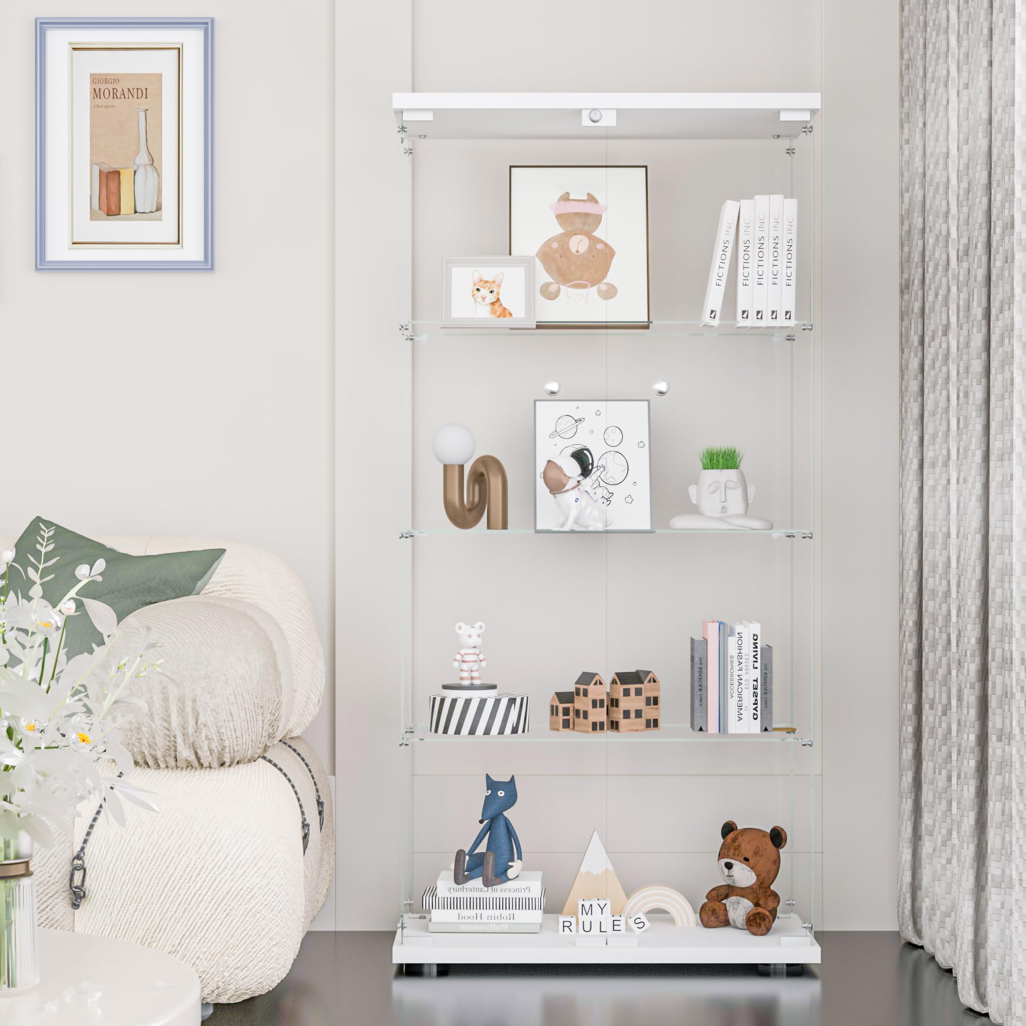 FANYUSHOW Glass Display Cabinet with Double Door and Lock, Quick-Install Style 4-Shelf Curio Cabinet 5mm Tempered Glass Floor Standing Bookshelf for Living Room, Bedroom, 65" H x 32''L x 14''W (White)