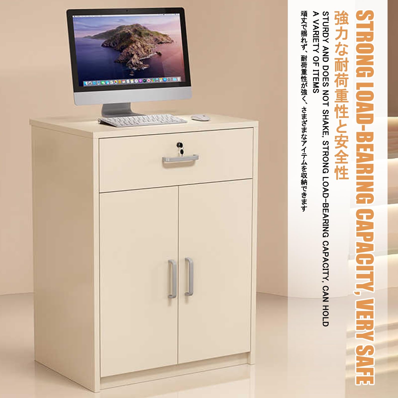Scrivania versatile da 60 cm con serratura, elegante design in teak, per cassieri e uffici, soluzione di archiviazione sicura per aziende