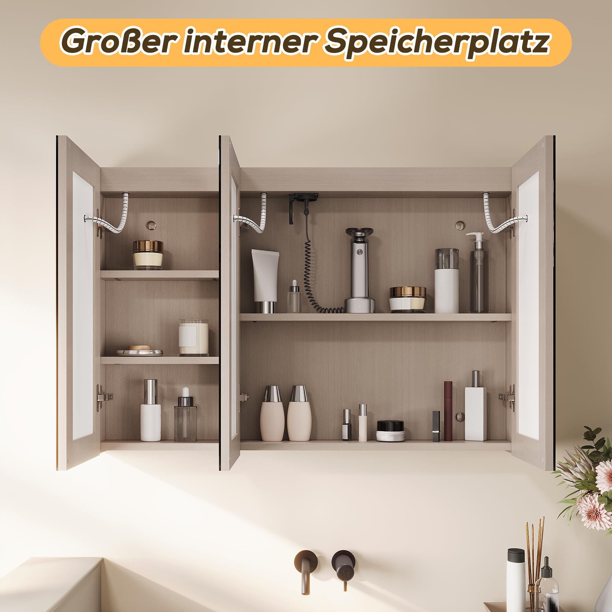 SONNI Spiegelschrank mit Beleuchtung 90x60 cm, 3 Türen LED Spiegelschrank Bad mit Anti-Beschlag, Steckdose, 3 Lichtfarben, Dimmbar, Vollständig Montiert