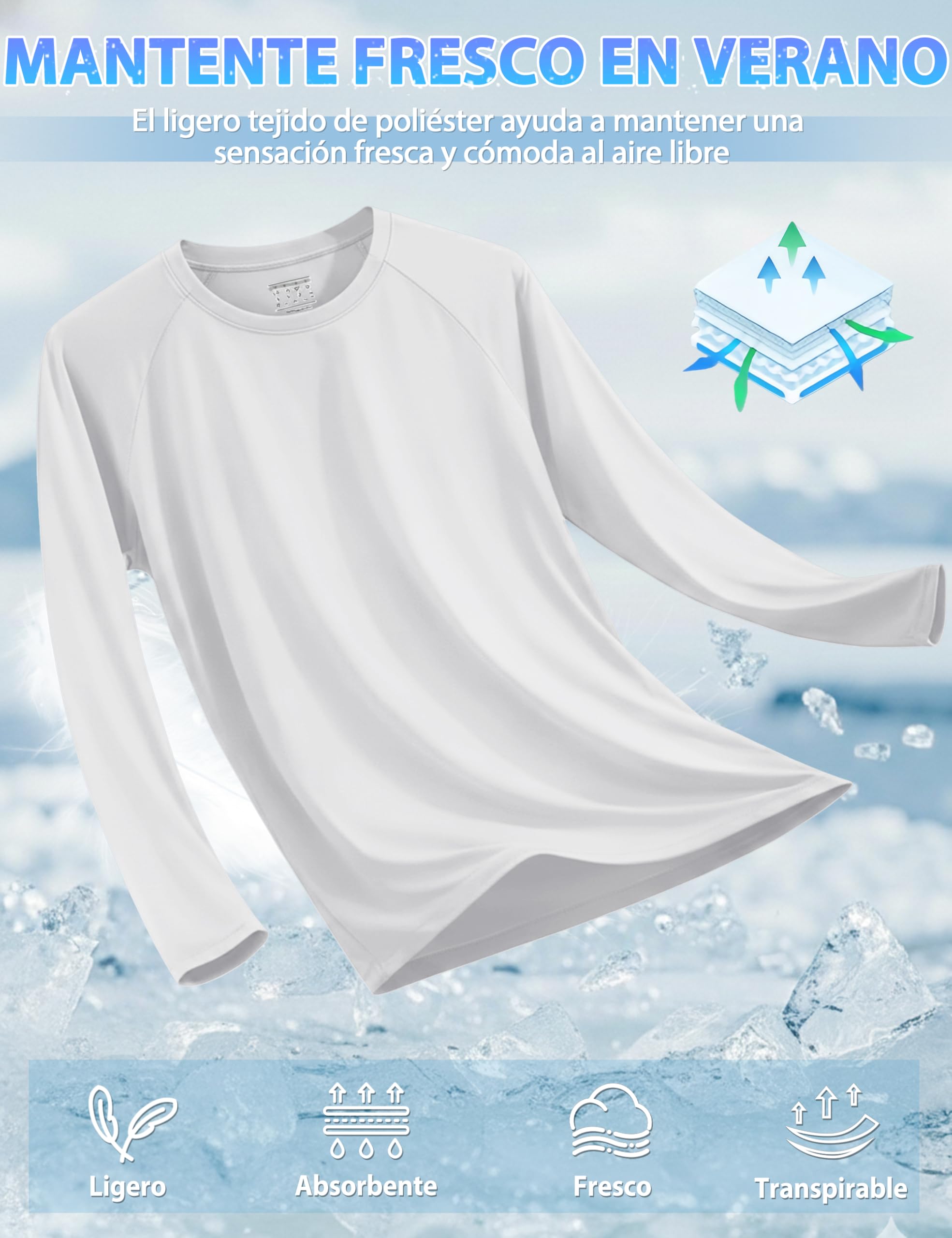 TACVASEN Tops de Manga Larga para Hombre Verano Camisetas de Protección Solar Camisa al Aire Libre Camisetas de Protección UV UPF 50+ Shirt Blanco