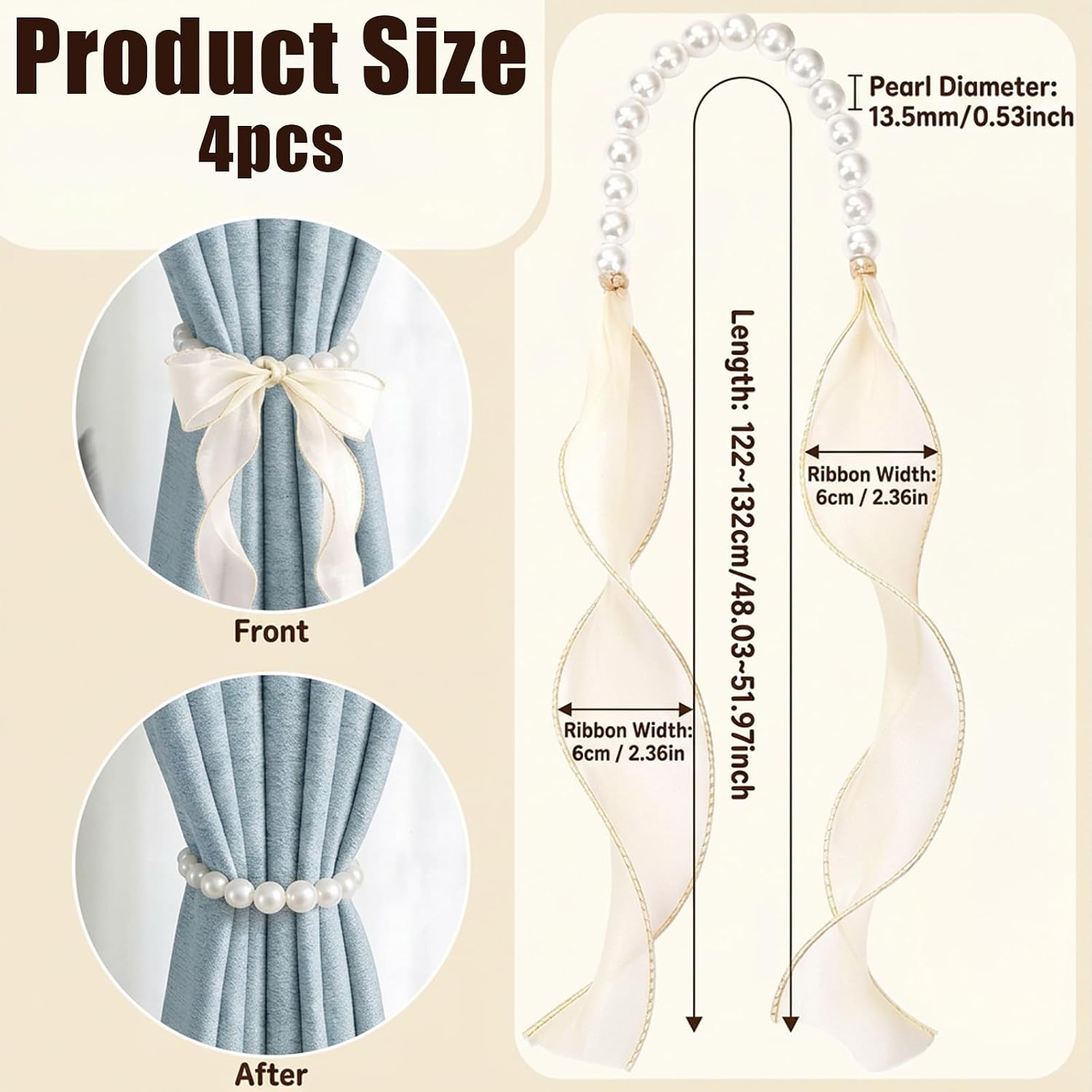 4Pcs Bow Curtain Tiebacks, Bow Tie Curtains, Off-White Color Pearl Tie Curtain Holdbacks, Decorative Window Treatments for Living Room Bedroom