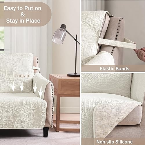 Miniatura 5 de Stay in Place - Funda acolchada para sofá biplaza blanco marfil para sofá de 2 cojines, repelente al agua, fundas acolchadas para sofá biplaza,