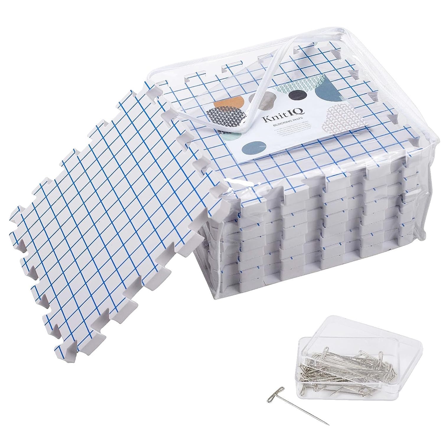 Blocking Mats for Knitting - KnitIQ Extra Thick Blocking Boards for Crochet Projects with Gridlines - 100 T-Pins and Storage Bag Included for Knitting Supplies - Standard Mat Set - Pack of 9