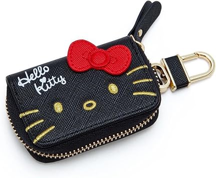 Cartoon Cute Car Remote Key Case,PU Leather Car Key Holder Ring Box,Metal Hook Zipper Embroidered Bag,Wristlet Keychain Key Case,for Women and Men. Black