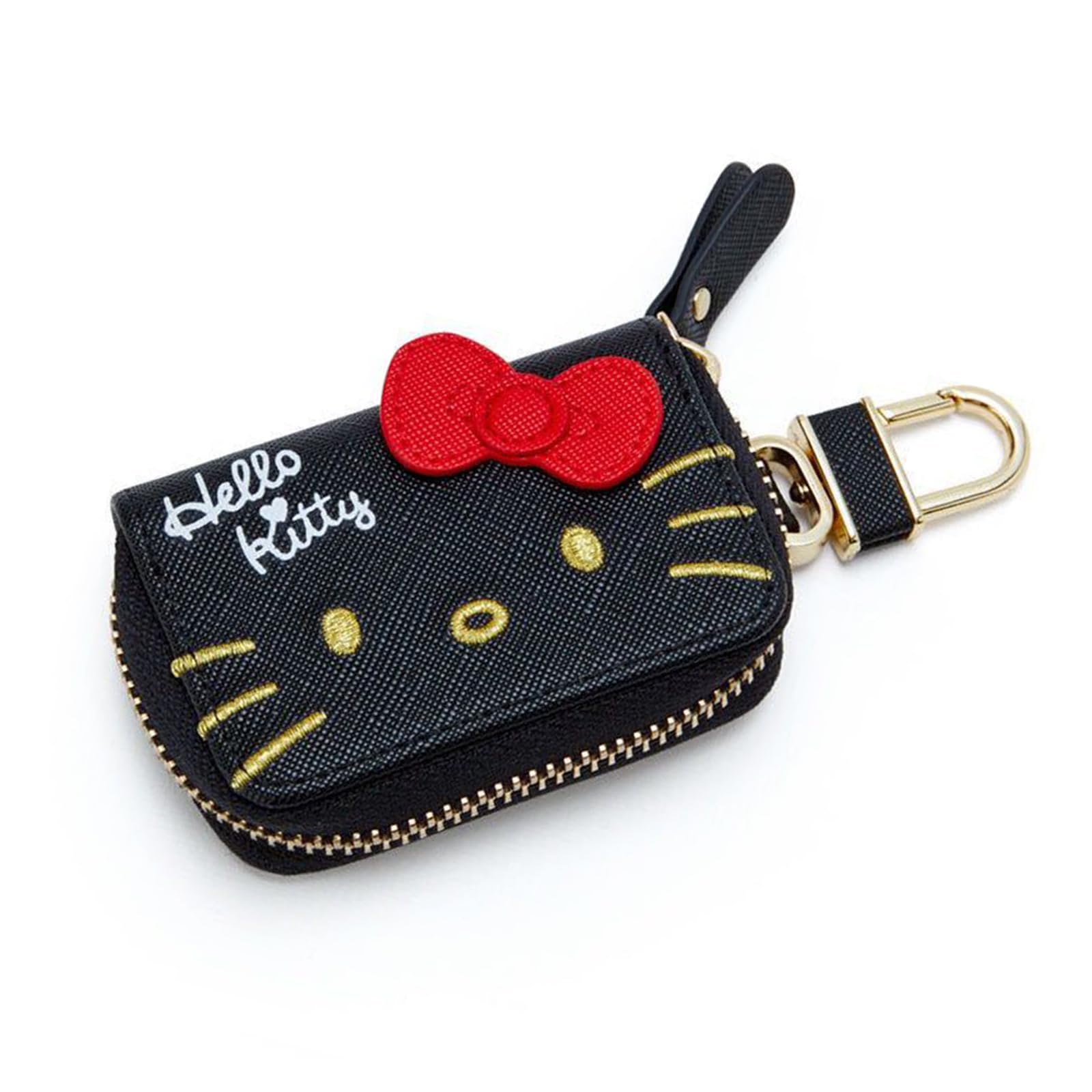 Cartoon Cute Car Remote Key Case,PU Leather Car Key Holder Ring Box,Metal Hook Zipper Embroidered Bag,Wristlet Keychain Key Case,for Women and Men. (Black)