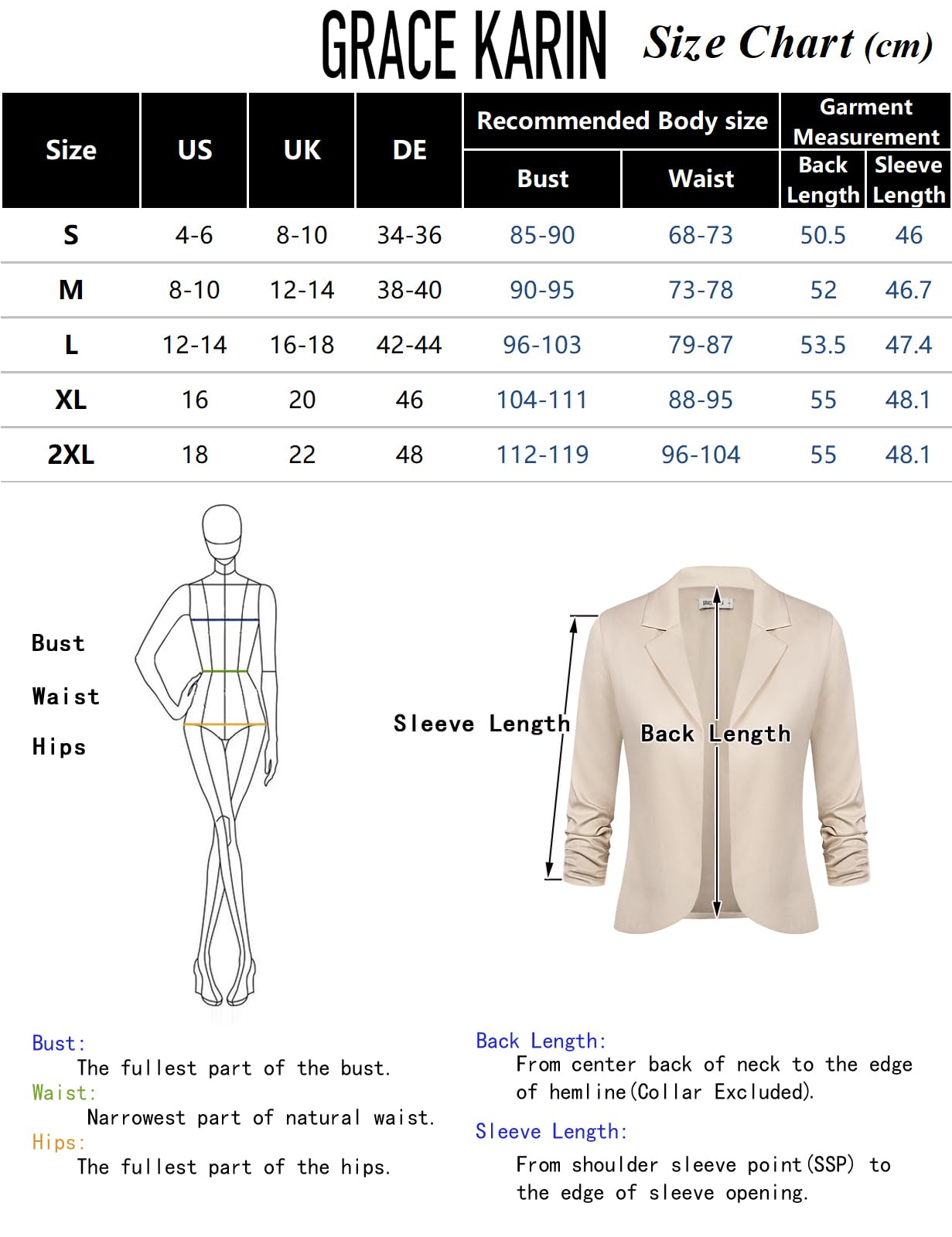 GRACE KARIN Donna Blazer Leggero e Sottile Giacca da Abito Elegante Manica 3/4 a Aperto Casual Scollo Risvolto Classico