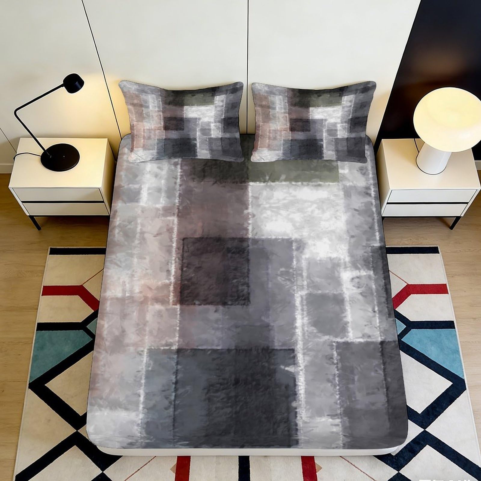 3D Printed Abstract Grey Block Fitted Sheet Microfiber Soft Modern Geometric Mattress Cover for Bedroom Dorm Easy Care 180x200x25cm