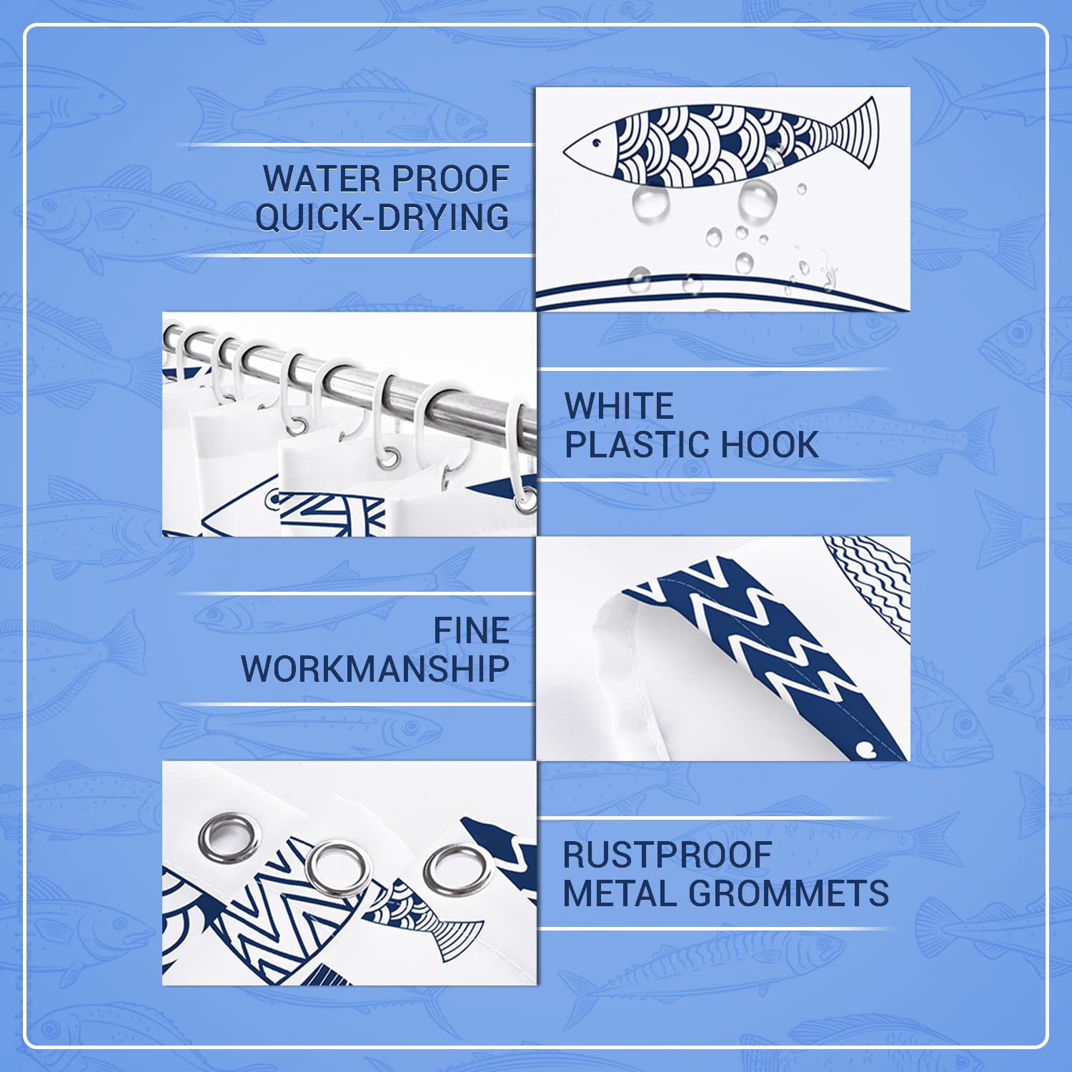 Durable Blue Shower Curtain Set with Hooks, Fabric Polyester Nautical Fish Print Shower Curtains for Bathrooms, H72in X W72in, Waterproof and Machine Washable (White and Blue)