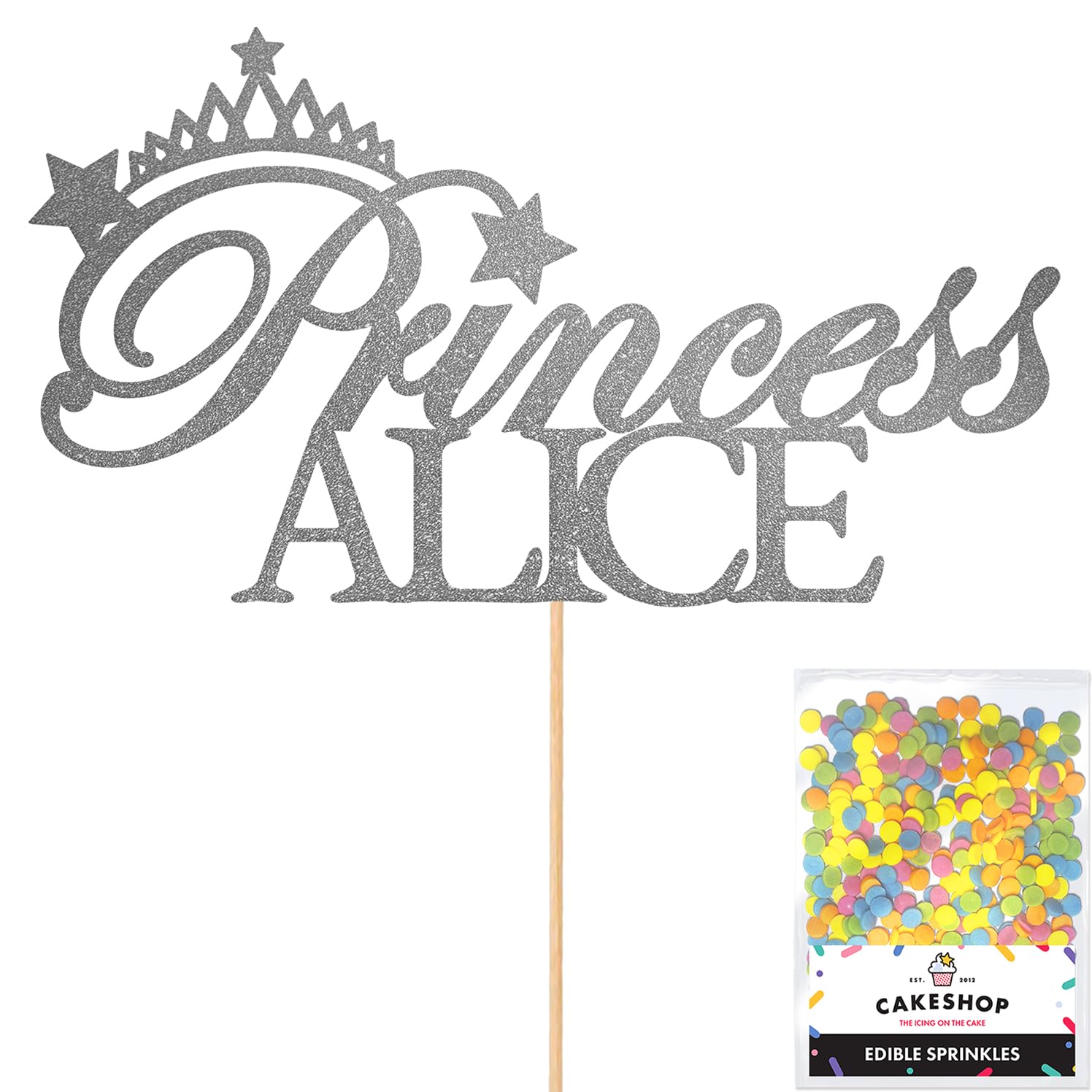 Personalised Birthday Princess Glitter Cake Topper- Dark Silver Any Custom Name Glitter Cake Decoration and Sprinkles - Happy Birthday Decorations - Personalised Toppers for Cakes by Cakeshop — image 1
