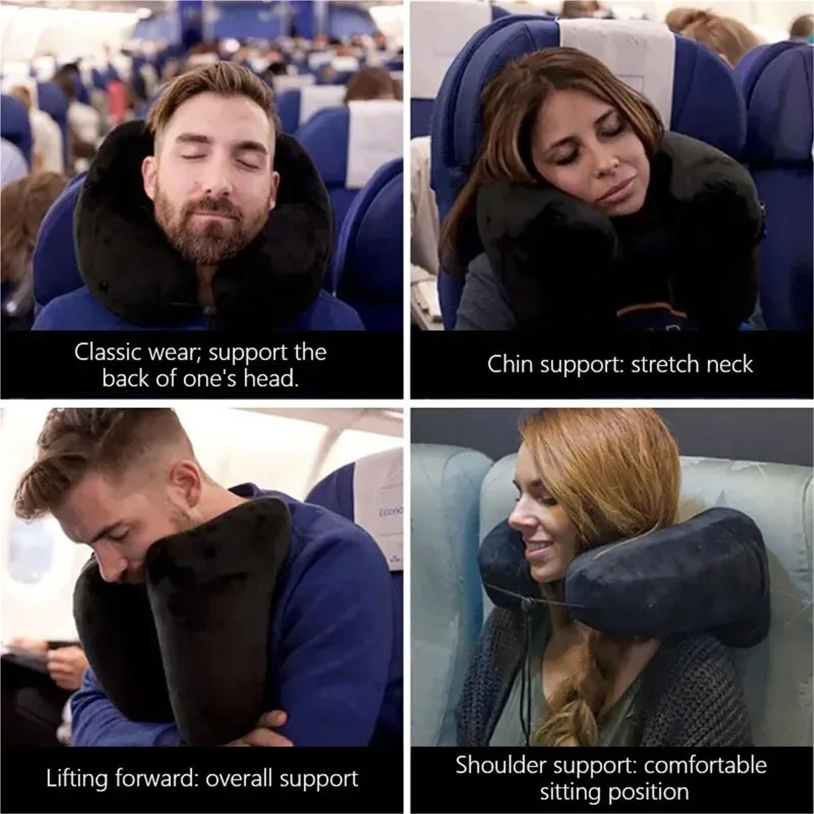Almohada inflable con capucha para viaje en forma de U, para el cuello, para exteriores, coche, avión de larga distancia (azul)