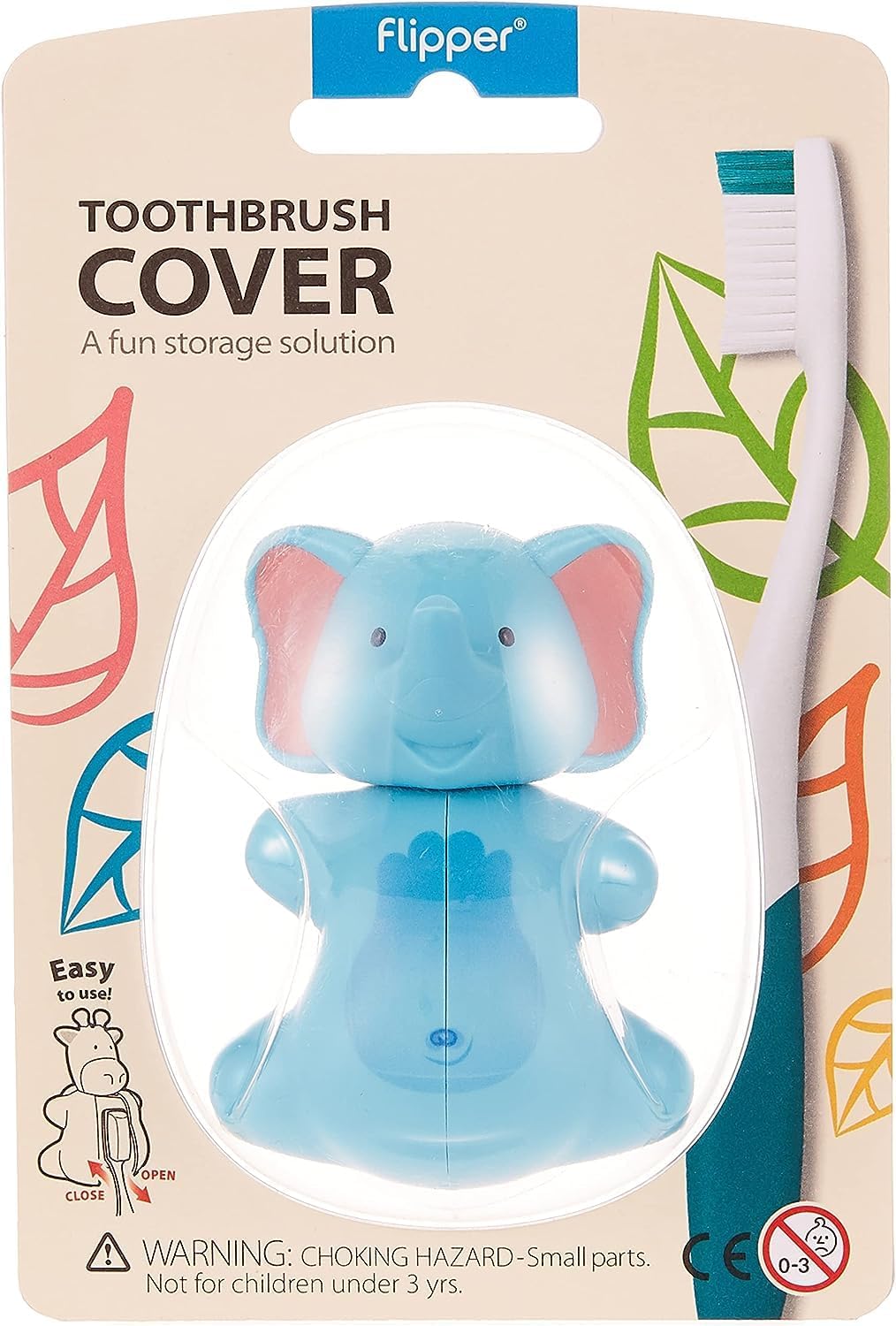 Flipper Hygienic Kids Toothbrush Holder with Suction Cups, Patented Design, One Touch Open & Close, For Home or Travel, Made in Malaysia, Fun Animal Elephant, 3Y+