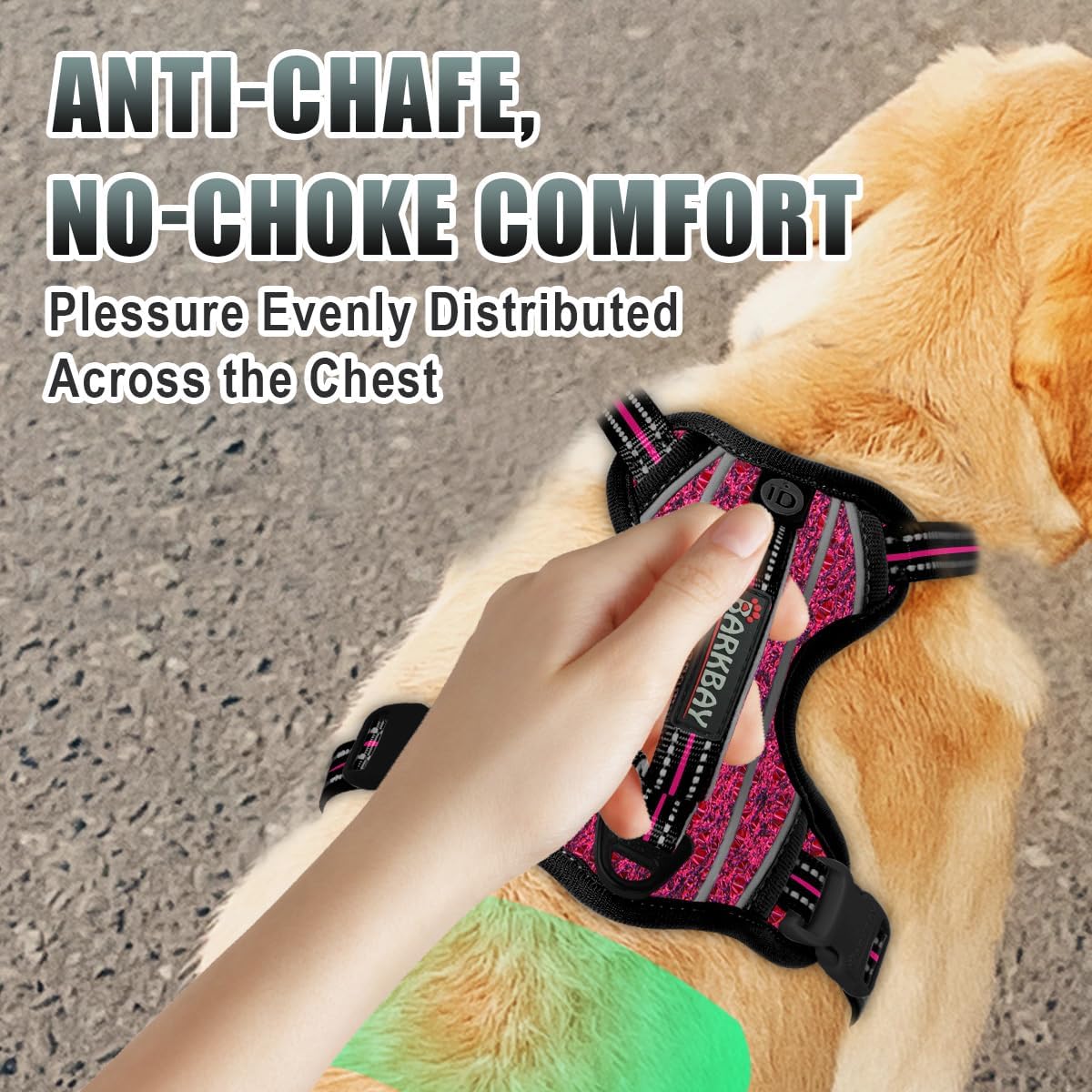 BARKBAY No Pull Dog Harness Large Reflective Dog Harness with Front Clip and Easy Control Handle for Walking Training Running with ID tag Pocket(Pink/Black,M)