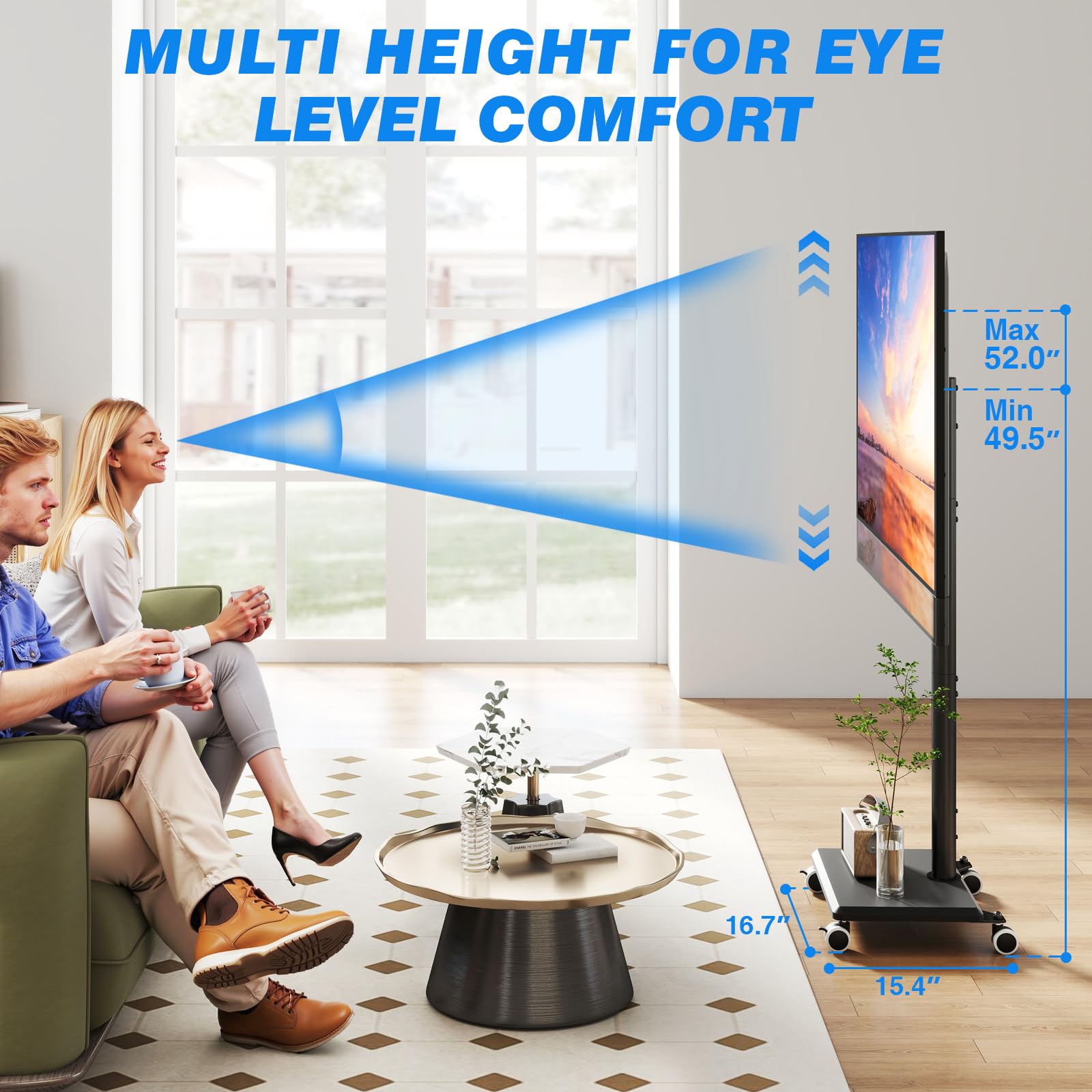 5Rcom Carrello Porta TV con Ruote per TV da 27-55 Pollici, Supporto TV da Pavimento Regolabile in Altezza e Girevole con Base in Legno - VESA Max 400x400mm, Portata Massima 30kg (Nero)