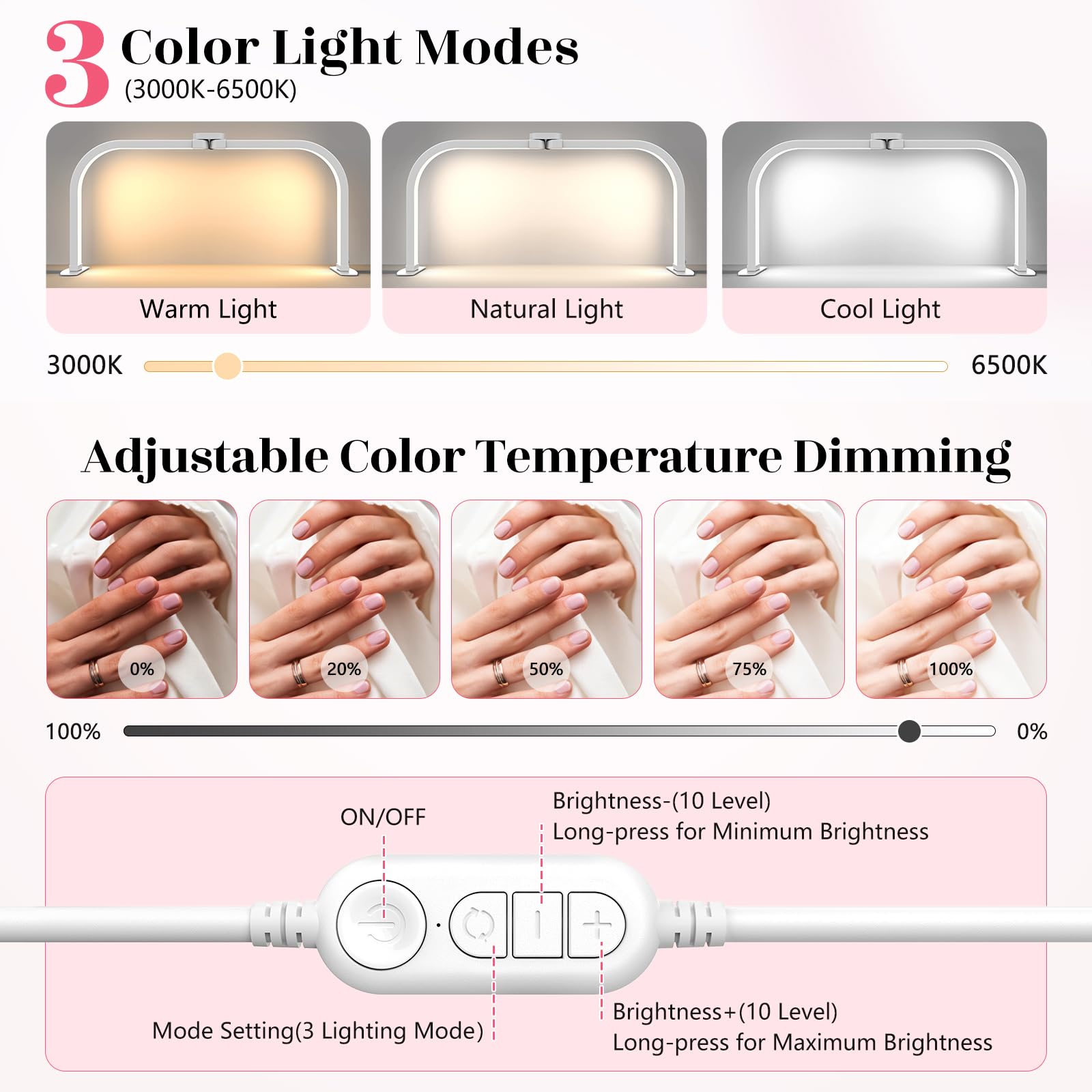 Lampe Demi Lune pour Ongles 29in 3 Modes de Couleur 10 Niveaux de Luminosité Blanc
