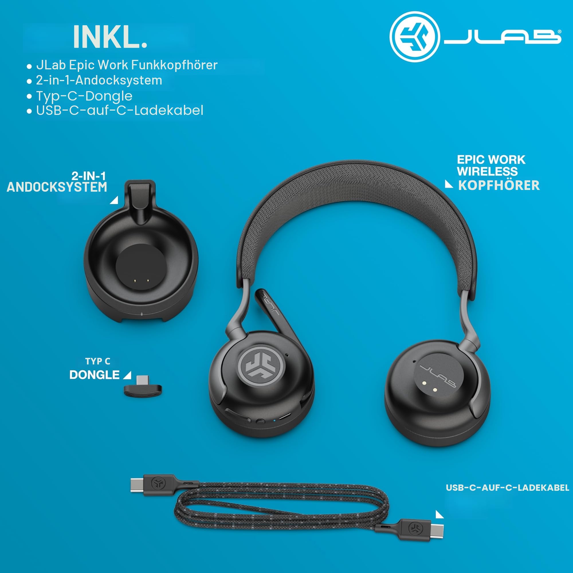 JLab Epic Work ANC Headset mit Mikrofon Bluetooth, Smart Active Noise Cancellation, 90+ Std. Akku, Wireless Headset, On Ear PC Headset mit Mikrofon und Multipoint, Kabellos Bluetooth Headsets