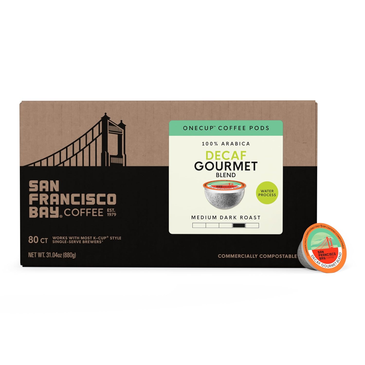 San Francisco Bay Decaf K-Cup Coffee Pods, Decaf Gourmet Blend (80 ct), Medium-Dark Roast, Commercially Compostable Single-Serve Coffee Pods, Swiss Water Process