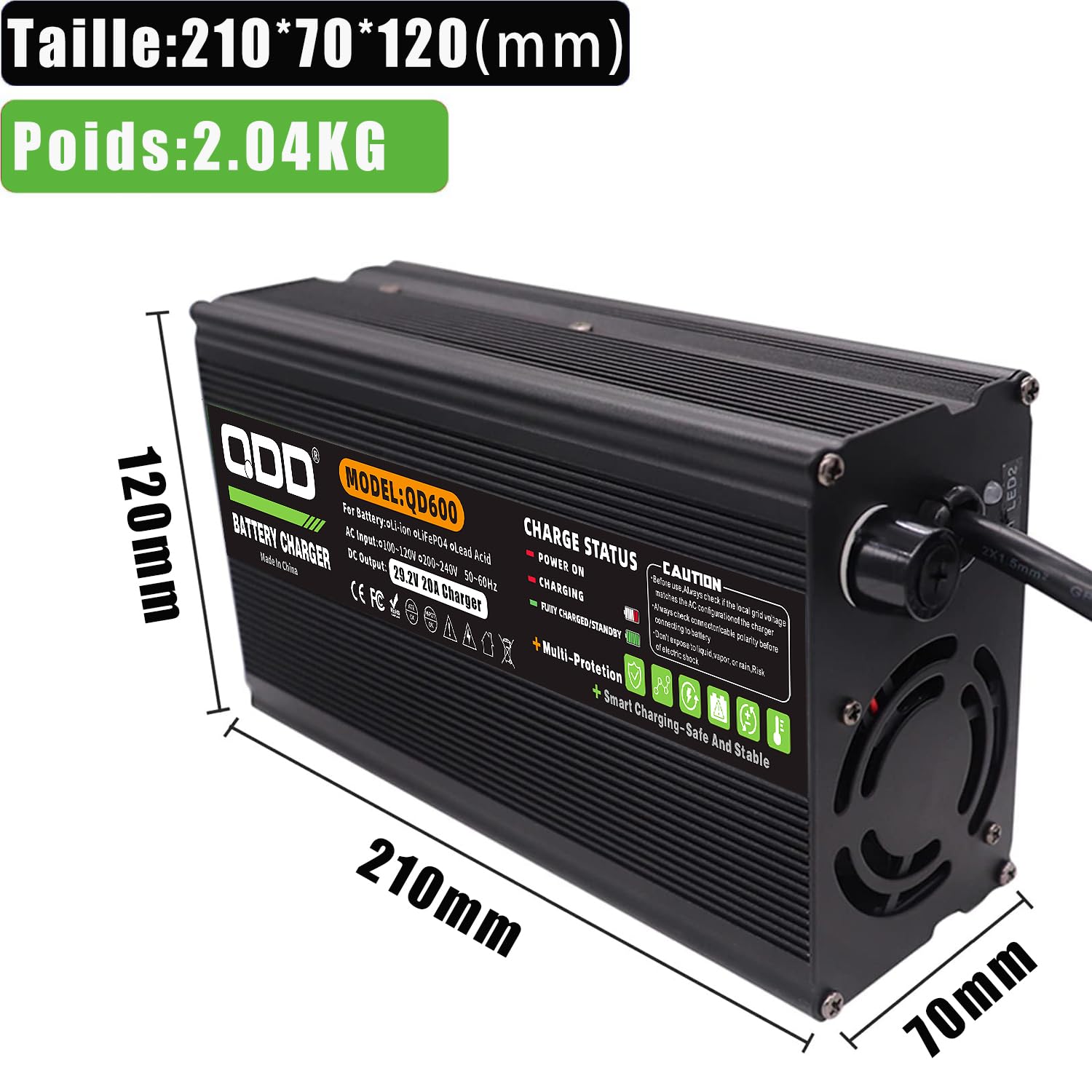 QDD LiFePO4 ładowarka do akumulatorów 29,2 V 20 A z lampką kontrolną LED, funkcja bezpieczeństwa, odpowiednia do akumulatorów 8S 24 V 25,6 V LiFePO4