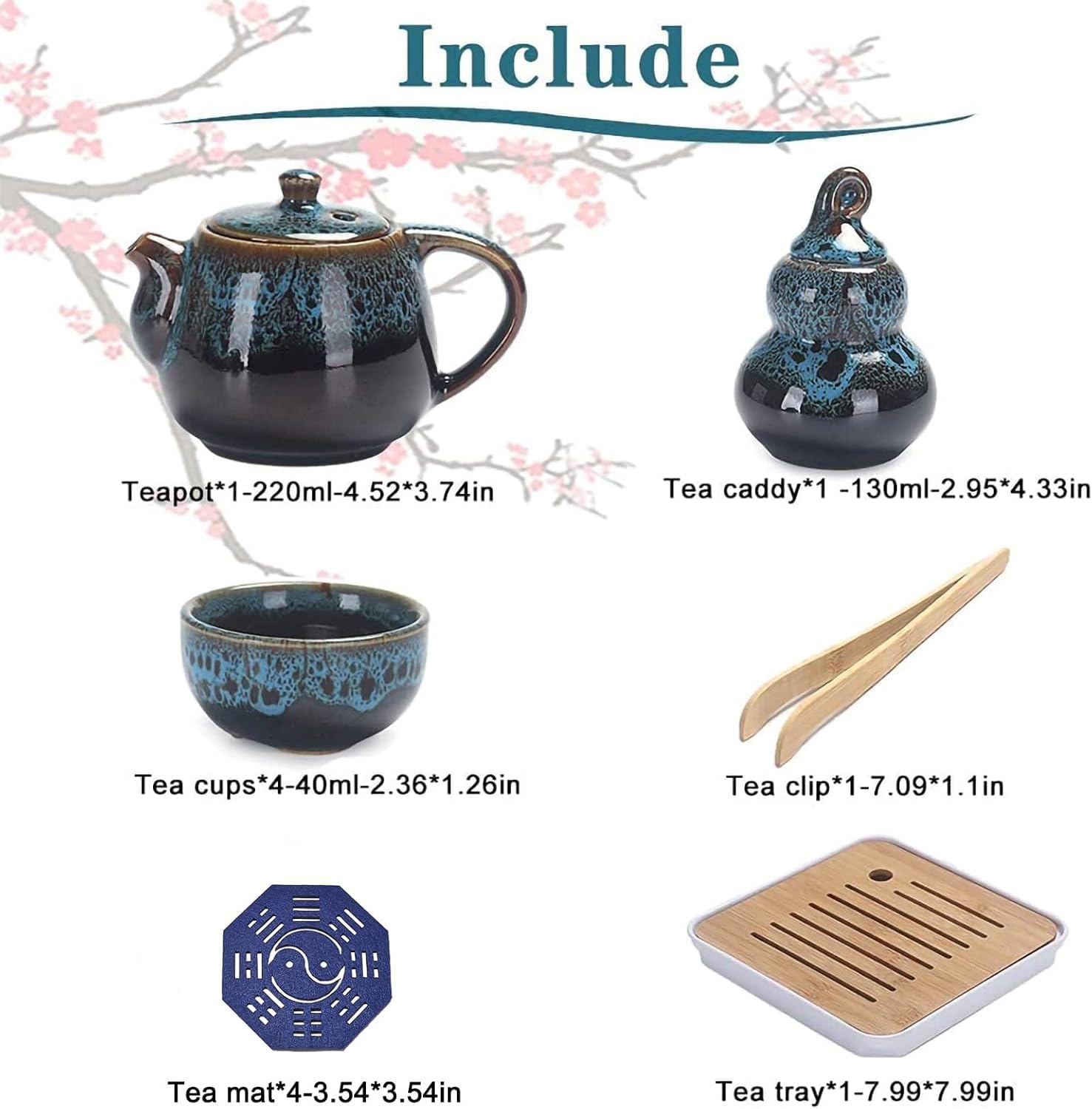 Porzellan Chinesisches Kongfu Tee Set, Tragbares Porzellan Reise Teeservice mit Teetasse, Teekanne, Teematte Bambus Tablett, Teeklammer, Geschirrtuch und Tragetasche Geeignet für Reisen