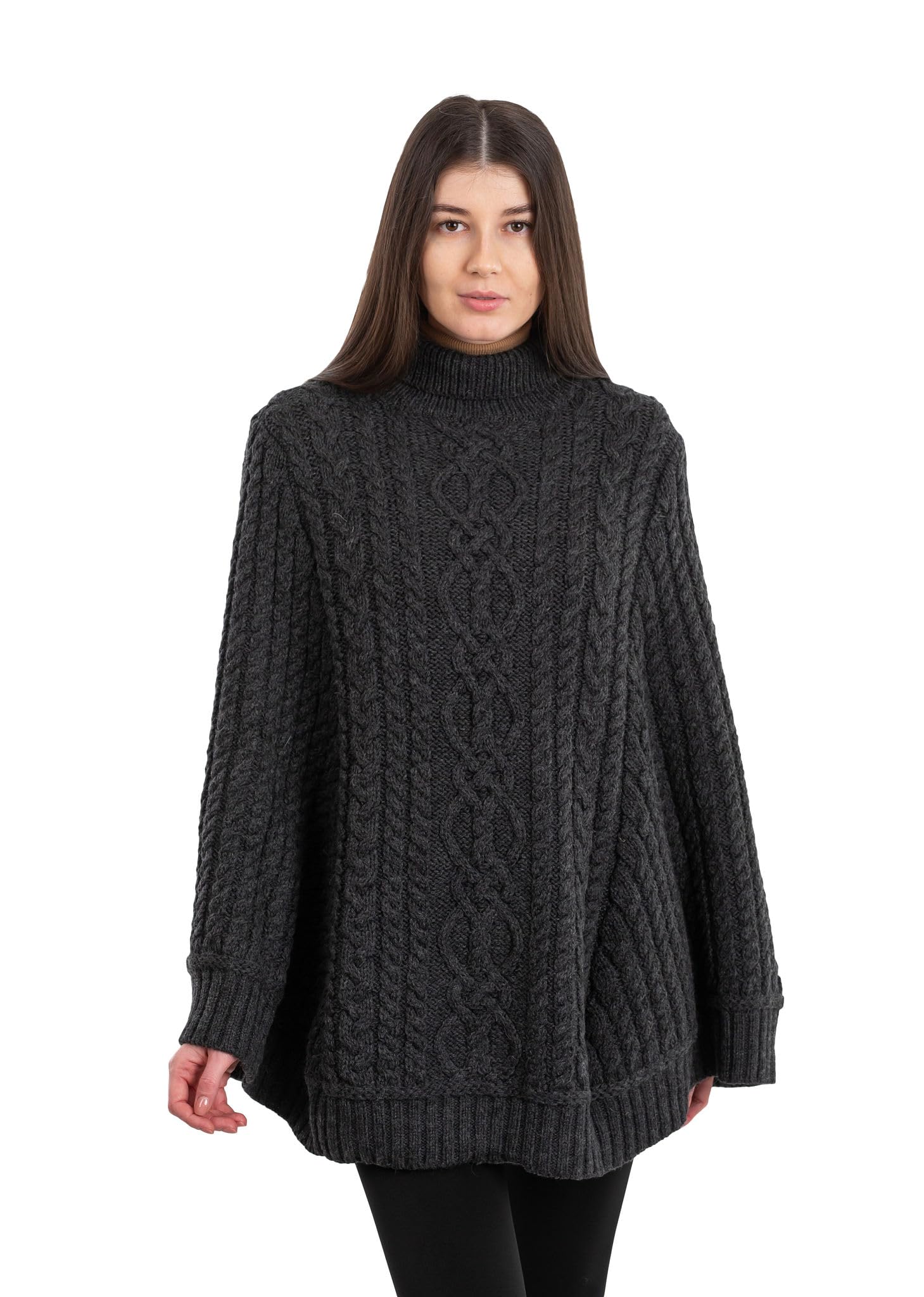 SAOL 100 Merino Wool Cable Knit Ladies Irish Aran Poncho Cardigan