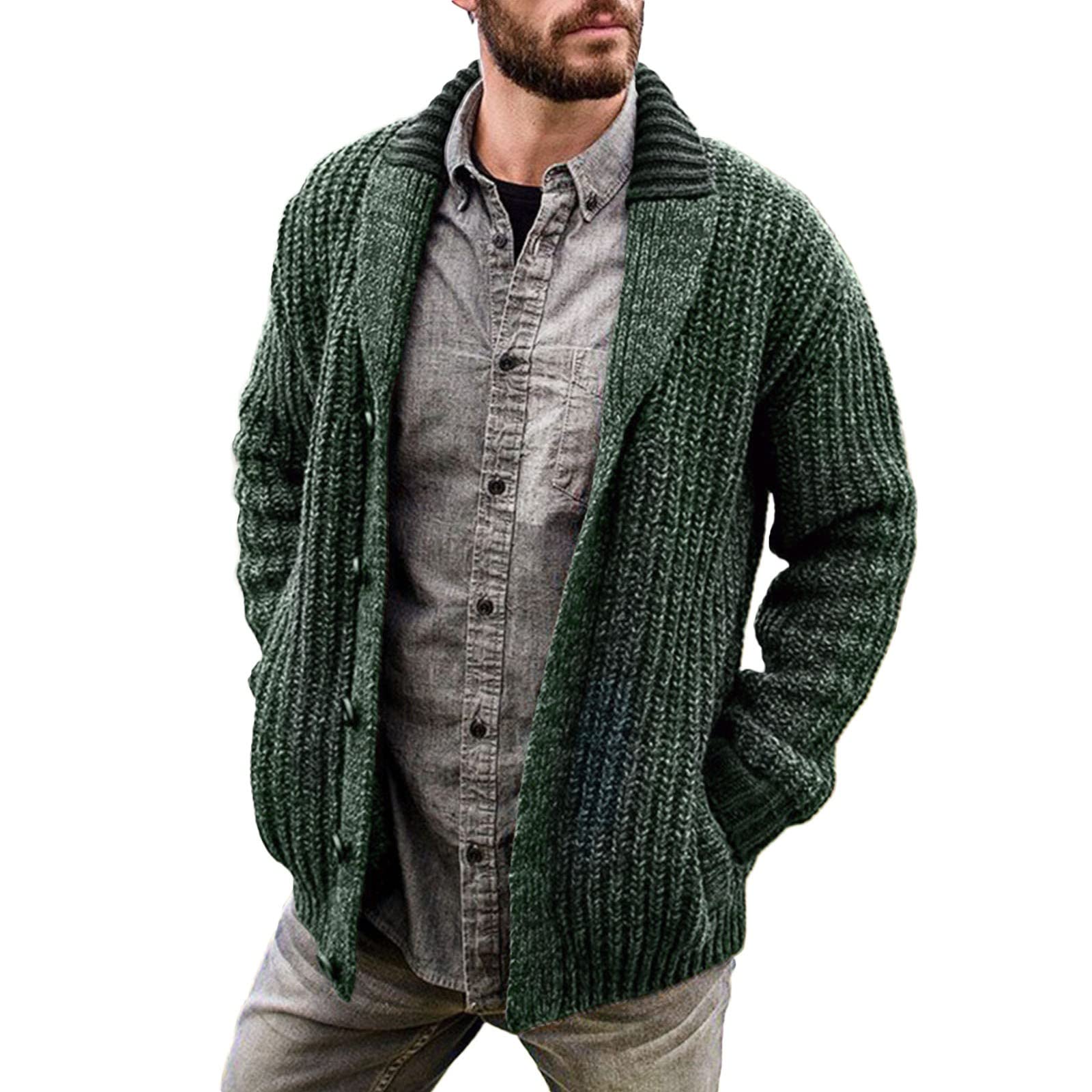 Cardigan Hombre Punto, Chaqueta De Punto Elegante Hombre Manga Larga Cuello De Chal Informal Prendas De Punto con Botones Sobreabrigo De Solapa Cárdigan Liso Jersey Suéter Otoño Invierno