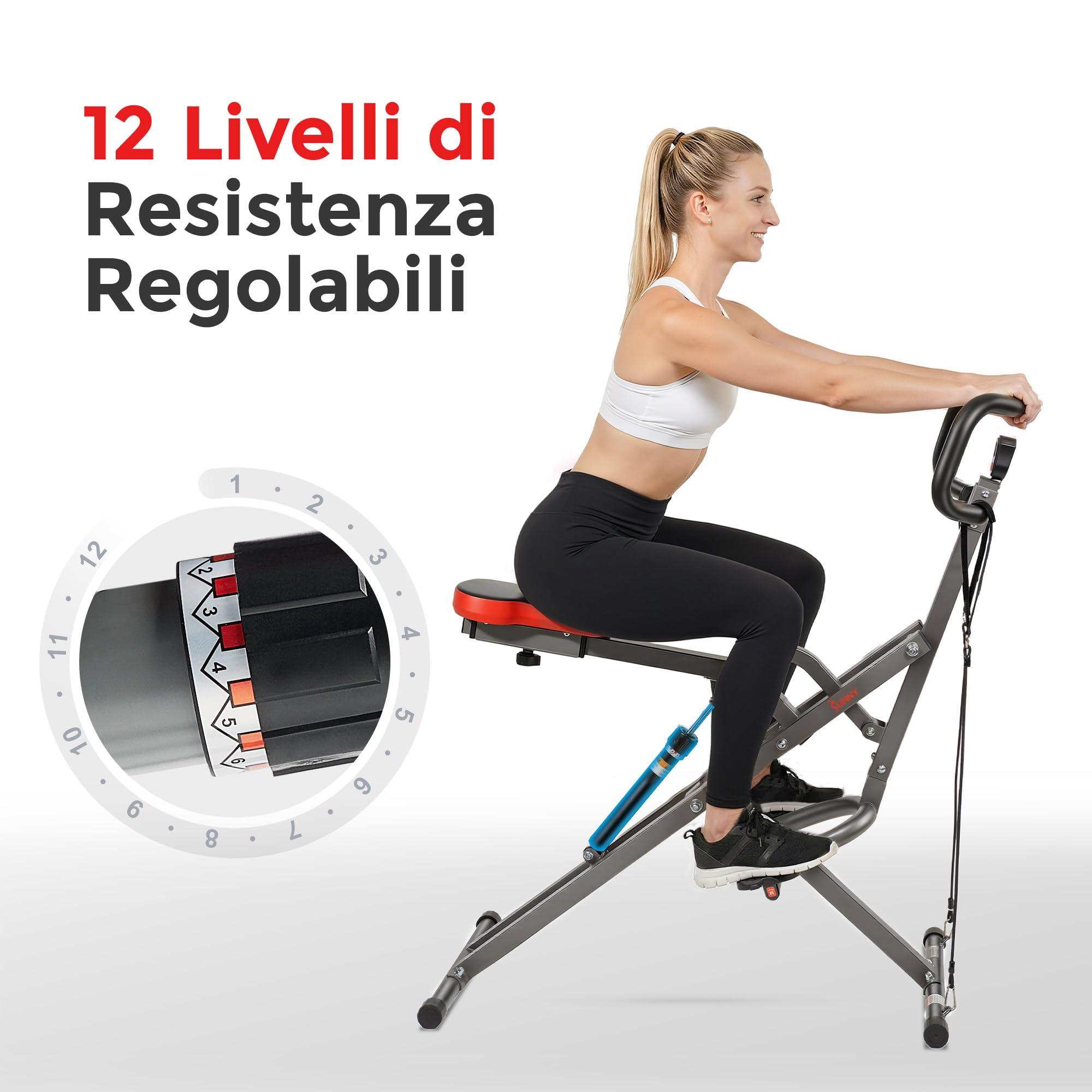 Sunny Health & Fitness Smart Upright Row-N-Ride con resistenza regolabile, attrezzatura pieghevole per esercizi domestici per braccia, glutei e gambe, connessione gratuita all'app SunnyFit