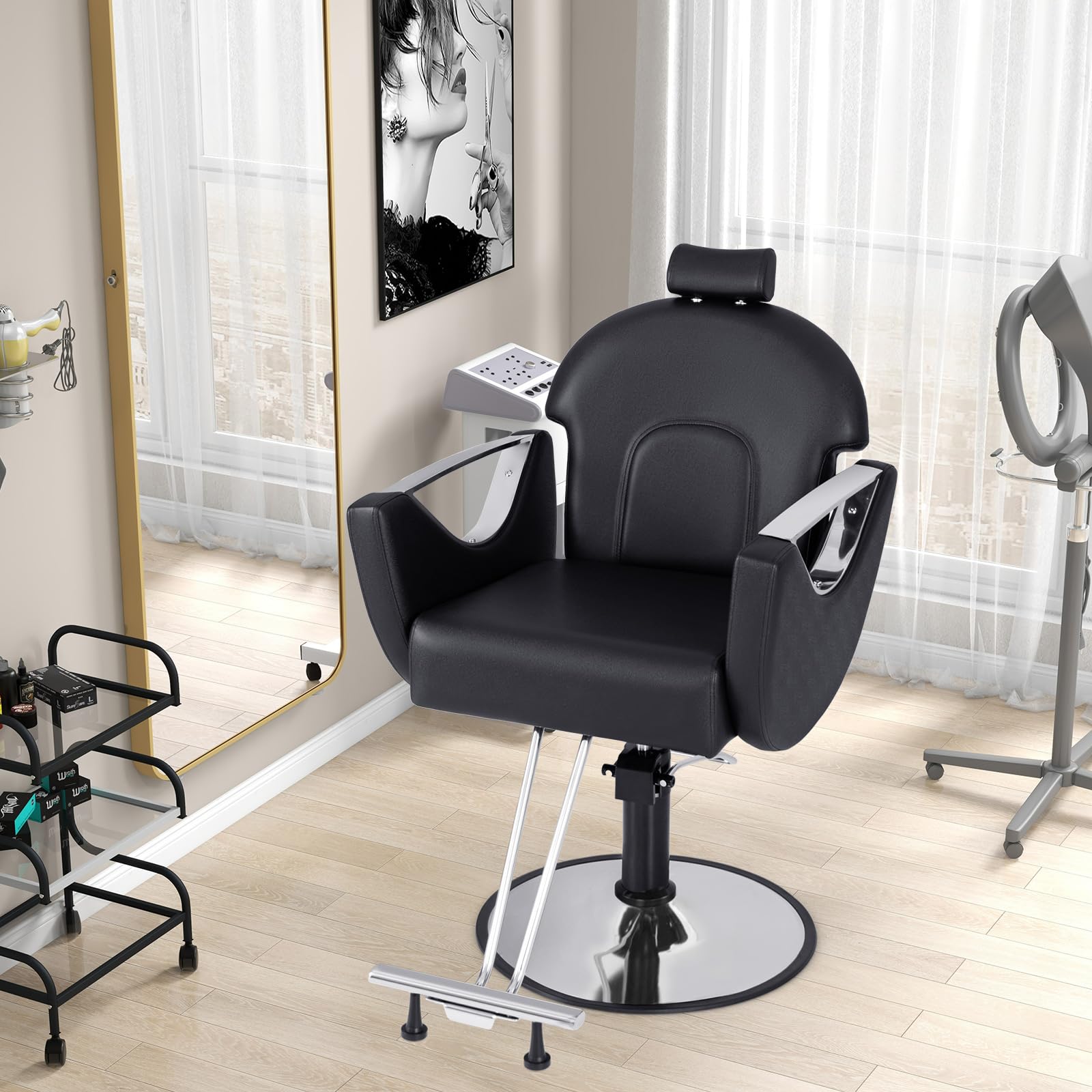 Giantex Reclining Barber Chair - Salon Chair for Hair Stylist, 360 Degrees Swivel, Adjustable Height & Headrest, Heavy Duty Hydraulic Pump, Hair Styling Chair for Makeup Facial Waxing Tattoo (Black)