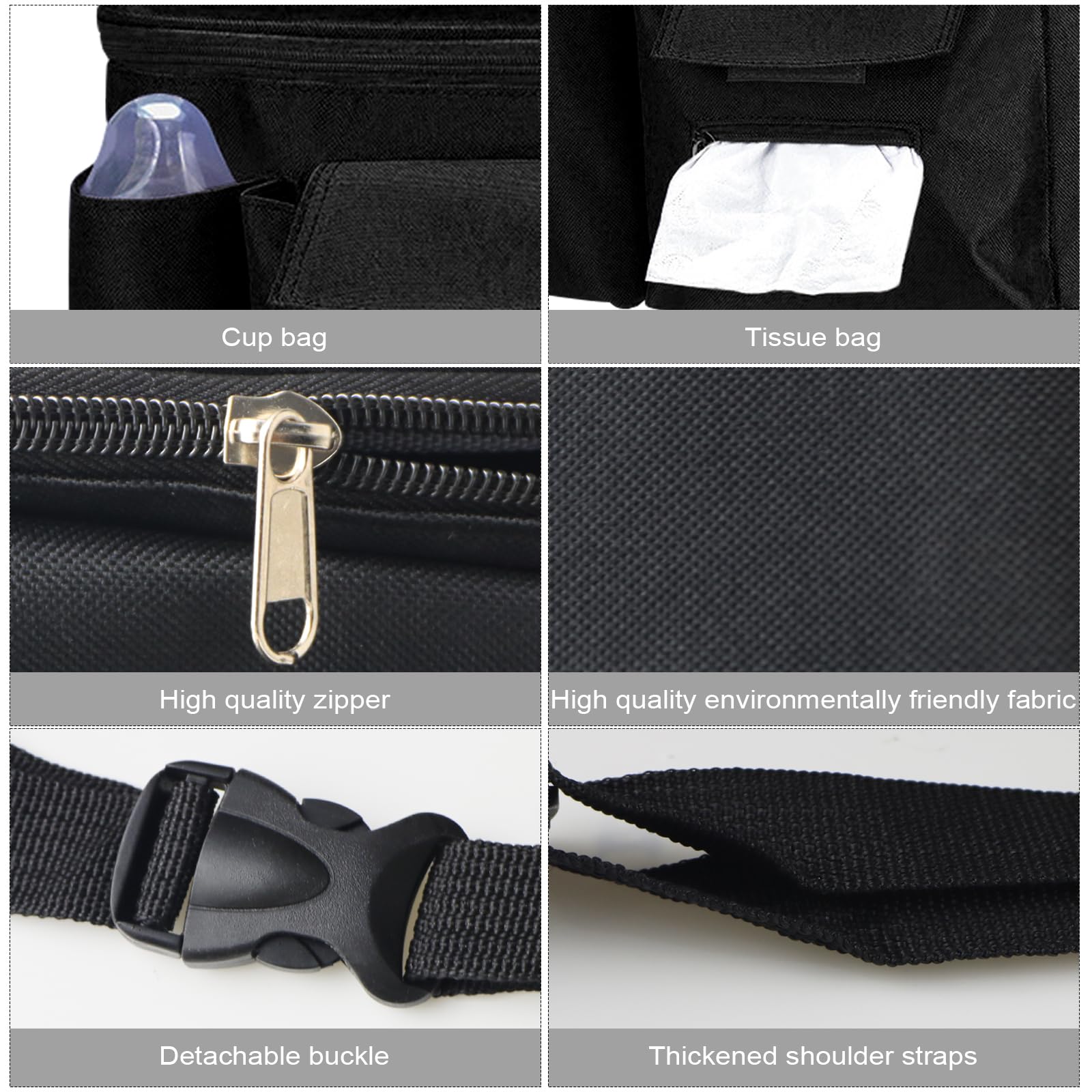 BouGPeng Borsa Organizer per Passeggino con Cerniera e Tracolla e Portabicchieri Universale Portaoggetti da Appendere Passeggino Impermeabile Nero Organizzatore per Passeggino Bambini