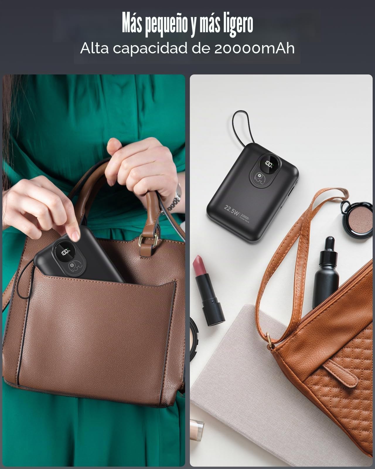 Batería externa de 20000 mAh con cable incorporado: 22,5 W Power Bank de carga rápida para teléfono móvil, batería USB C (Input & Output), cargador portátil con 4 salidas y 2 entradas