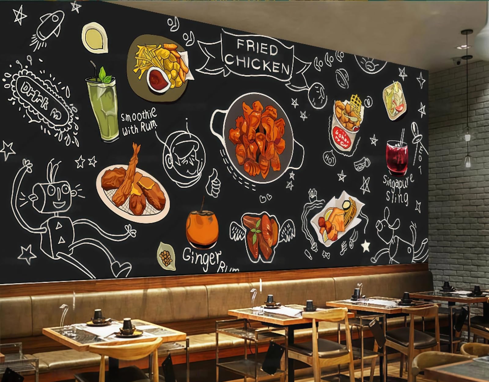 XDOUBAO Wallpaper Black Hand-Painted Gourmet Fried Chicken Cuisine Theme Dessert Bakery Afternoon Tea Western Restaurant Background Wallpaper Coffee Shop Mural,3D,200x140cm