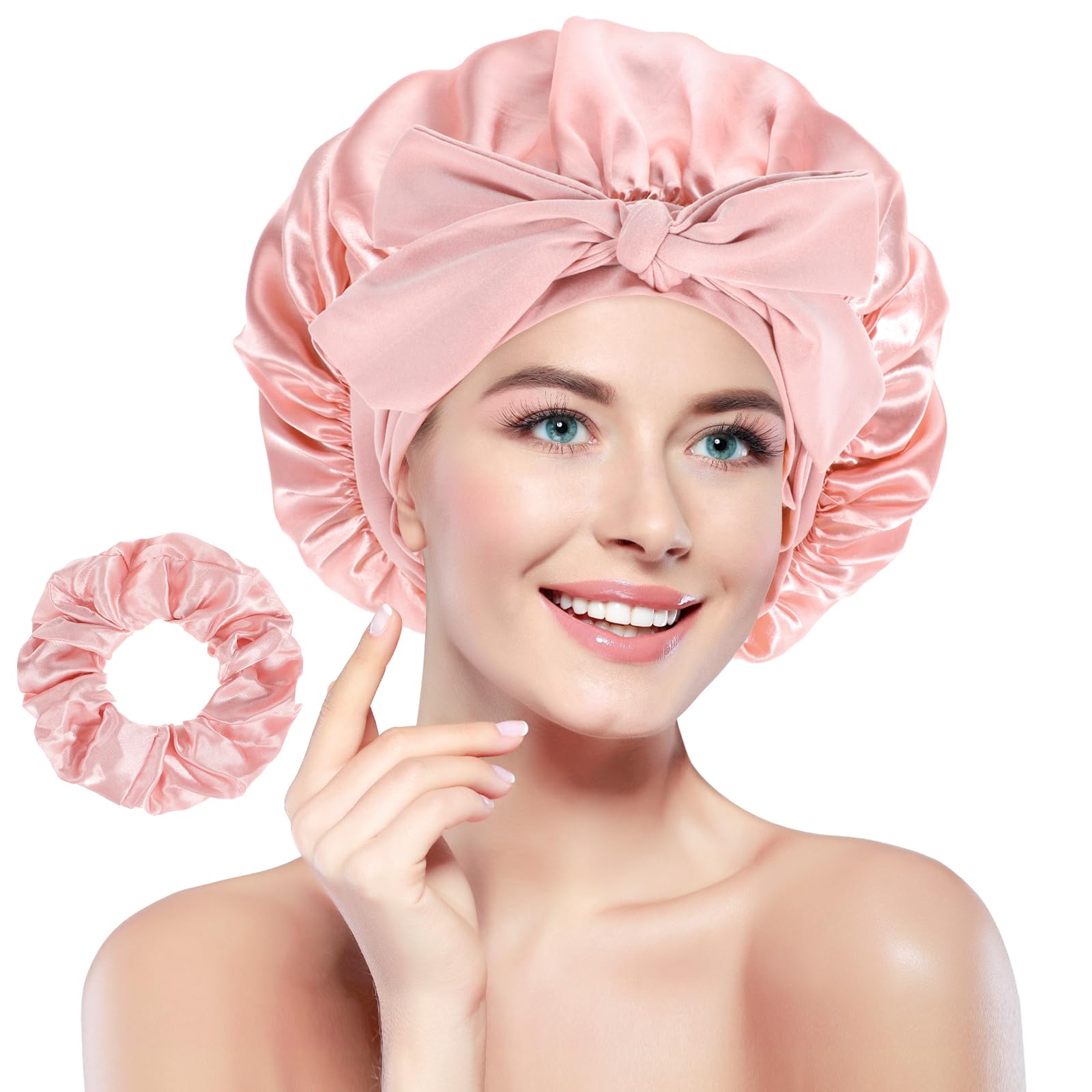 Oruola Satin-Haube Für Lockiges Haar – Rosa Schlafhaube Mit Verstellbarem Band