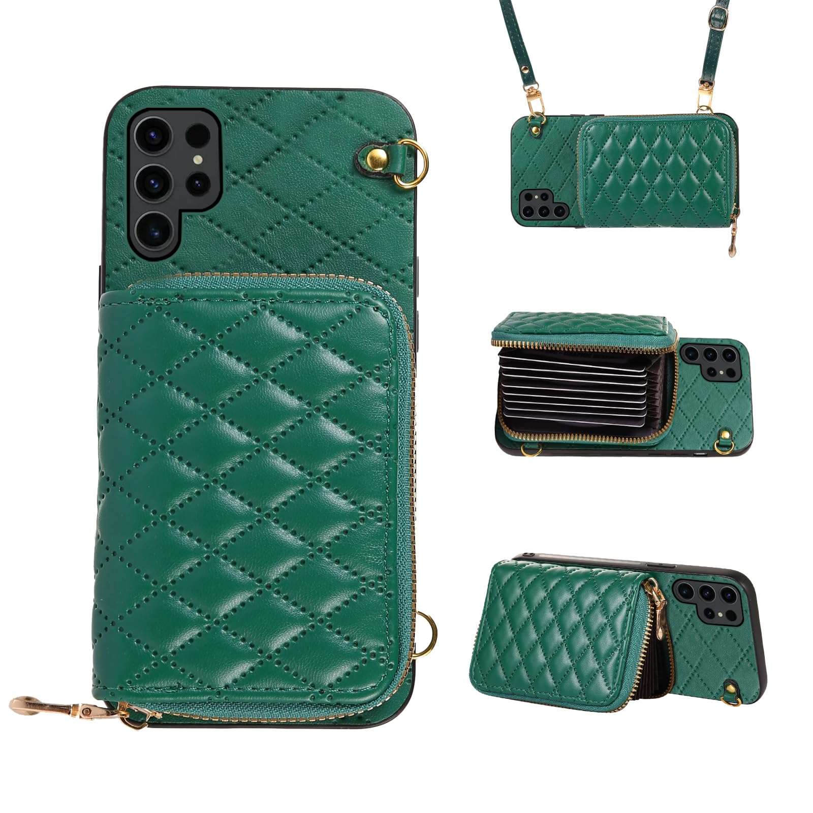 compatible with samsung galaxy s25 ultra 5g zipper wallet case with crossbody shoulder strap flip purse card slots, card holder stand cell phone cover for s25ultra 25s s 25 25ultra women green