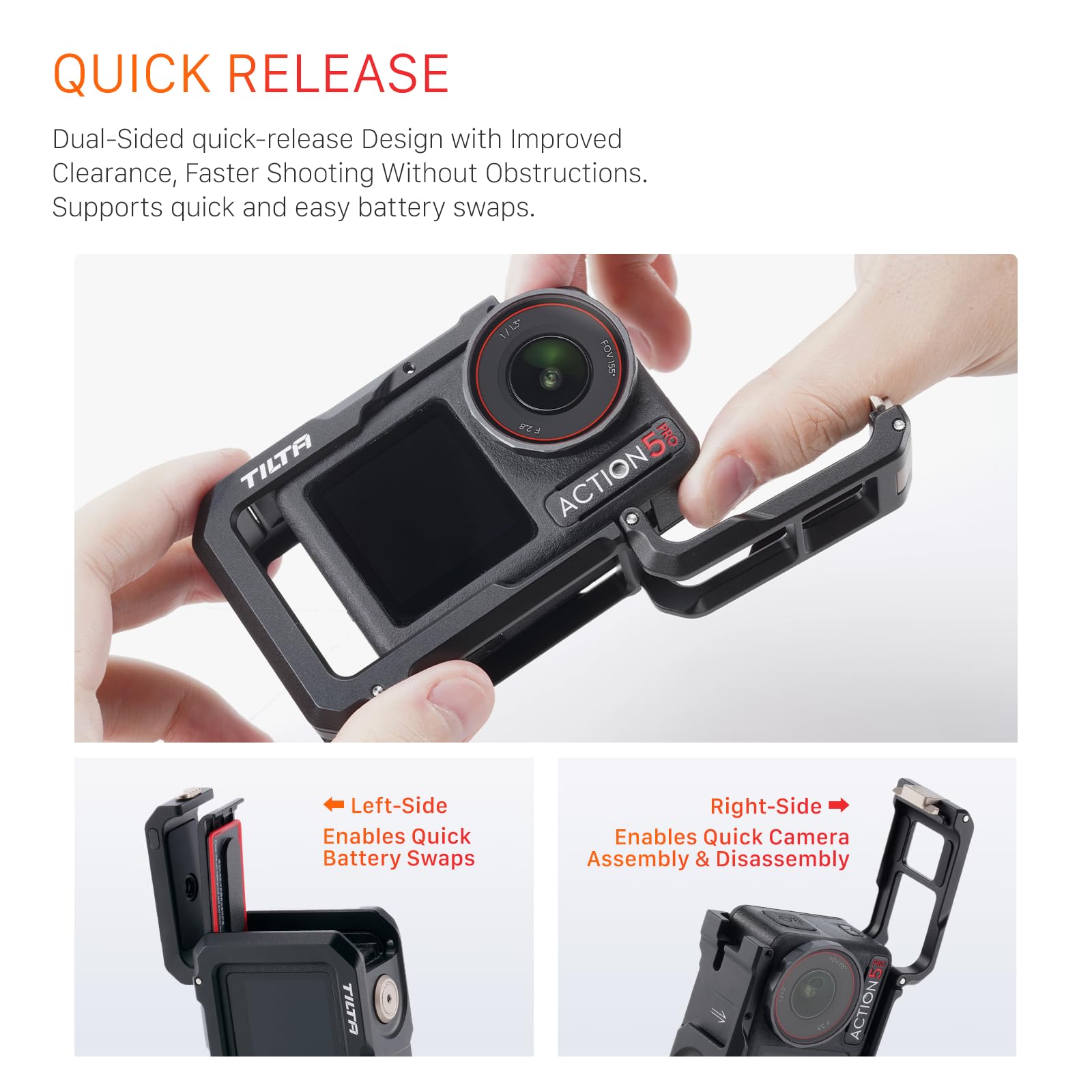 Tilta Cage Osmo Action 5 Pro, Cage Complète pour Caméra Compatible avec DJI Osmo Action 3, Action 4, Action 5 Pro avec Filetage 1/4"-20, Récepteur Cold Shoe - Gris Titane TA-T72-FCC-TG