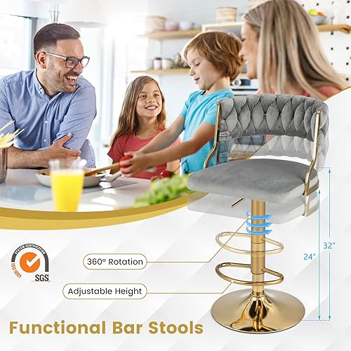 Miniatura 5 de COSTWAY Juego de 2 taburetes de bar ajustables de terciopelo, carga máxima, 400 libras, modernos taburetes giratorios tapizados con respaldo tejido,