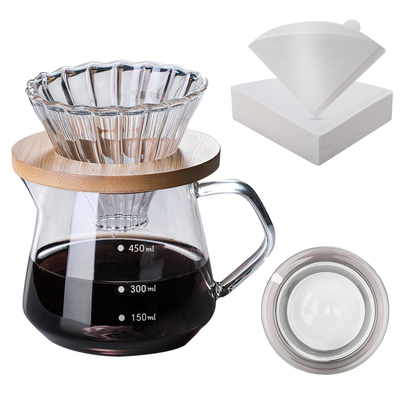 DYOLOKWPour Over Coffee Maker, 14oz/400ml v60 Coffee Kit,Borosilicate Glass Carafe with 40 pcs V60 Paper Filter,Clear Bamboo Handle & Glass Lid, Coffee Pot with Drip Filter Coffee Share Pot