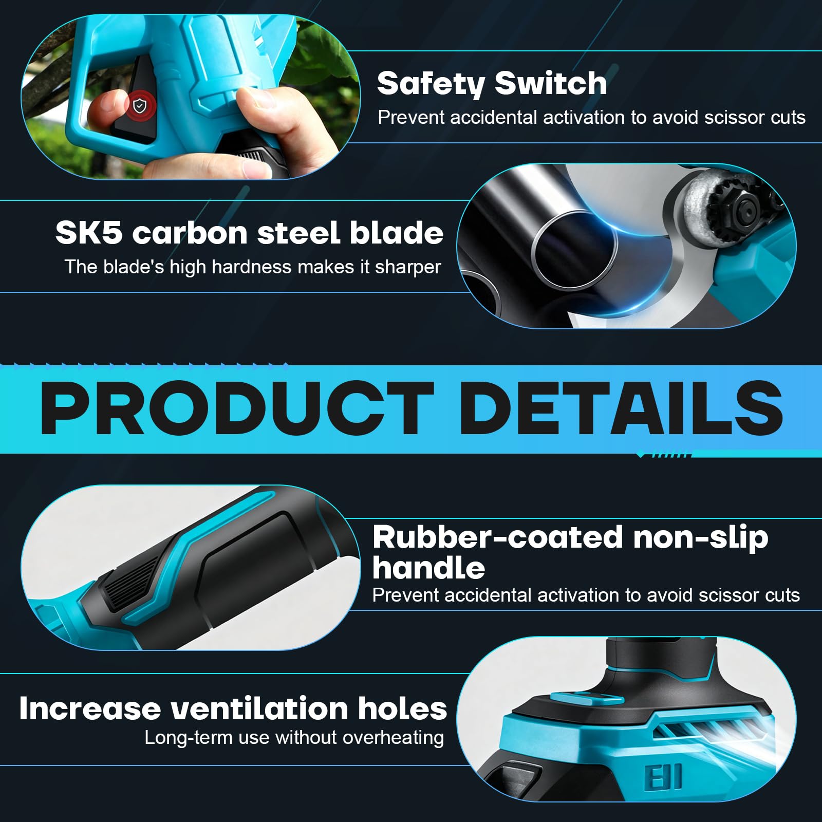 Tijeras de podar eléctricas con batería con motor sin escobillas, cuchillas SK5, batería recargable con indicador de carga, diámetro máximo de corte de 50 mm, para el jardín, 2 baterías de 1500 mAh