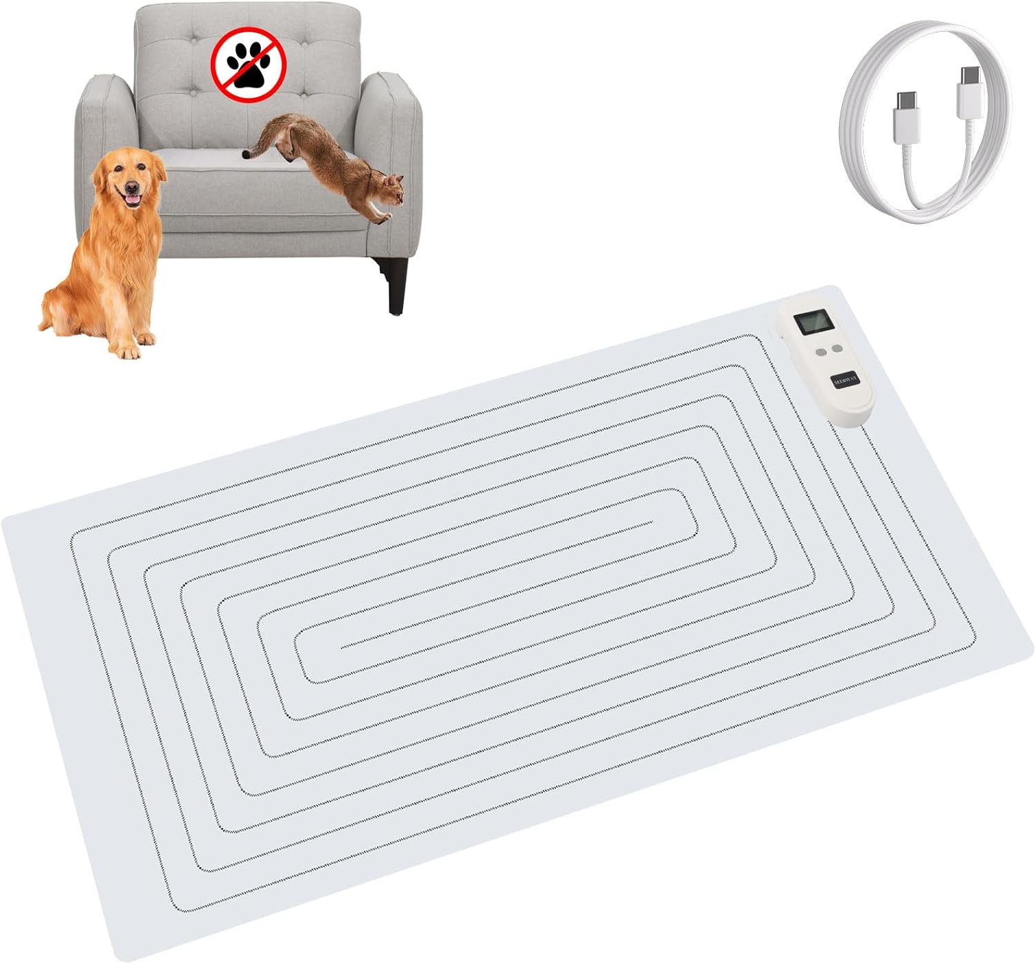 SEERWAY Rechargeable Pet Shock Mat, Cat Repellent Pad, Cat Deterrent Mat, Electric Training Mat Keeps Dogs and Cats Off Sofa, Couch, Bed and Countertop, 3 Training Modes with 3 Intensity (30"x16")