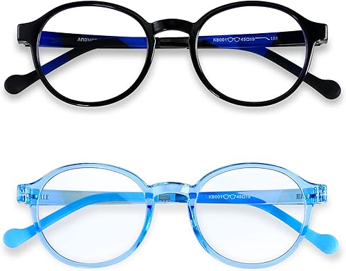 ANDWOOD Gafas de luz azul para niños y niñas paquete de 2 unidades antirayos azules antirayos de edad 3-12 TR90 marco irrompible negro y azul