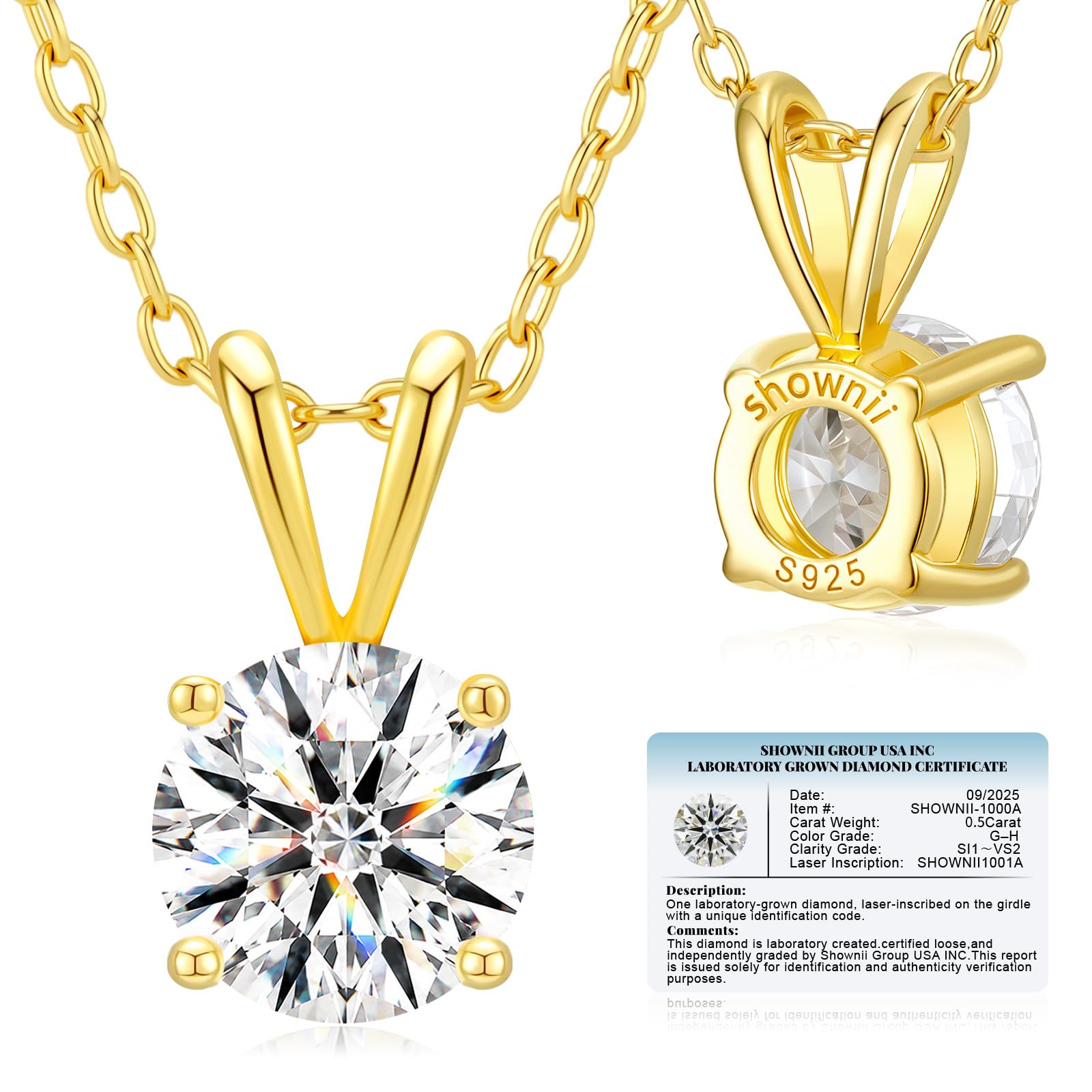 shownii 0.5CT LAB GROWN Diamond Solitaire Pendant Necklace for Women