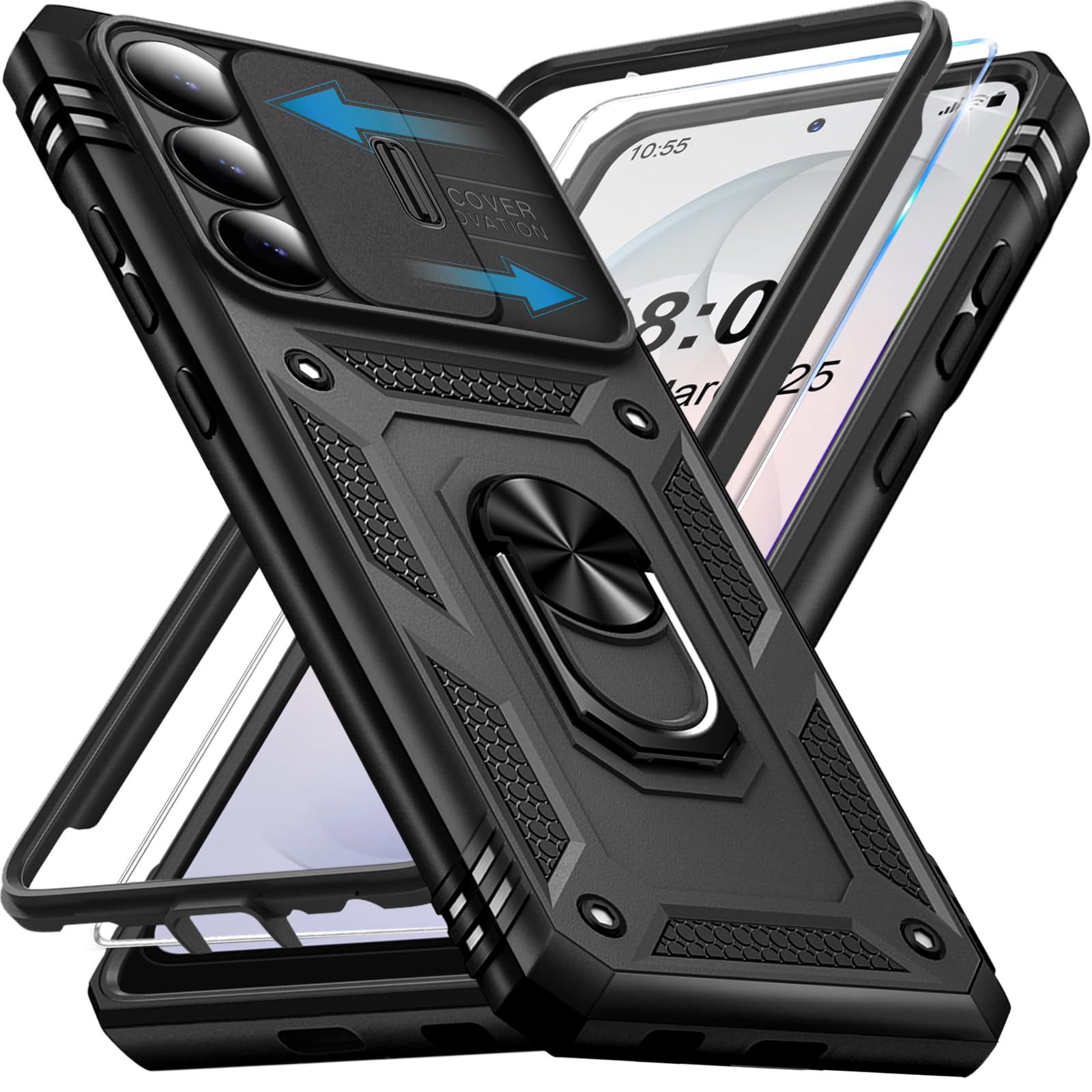 Giyer Cover per Samsung Galaxy S26 Custodia con Vetro Temperato, Antiurto Grado Militare 360° Anello Supporto Armor Bumper Case, Antiurto per Samsung S26 5G Cover (Noir)