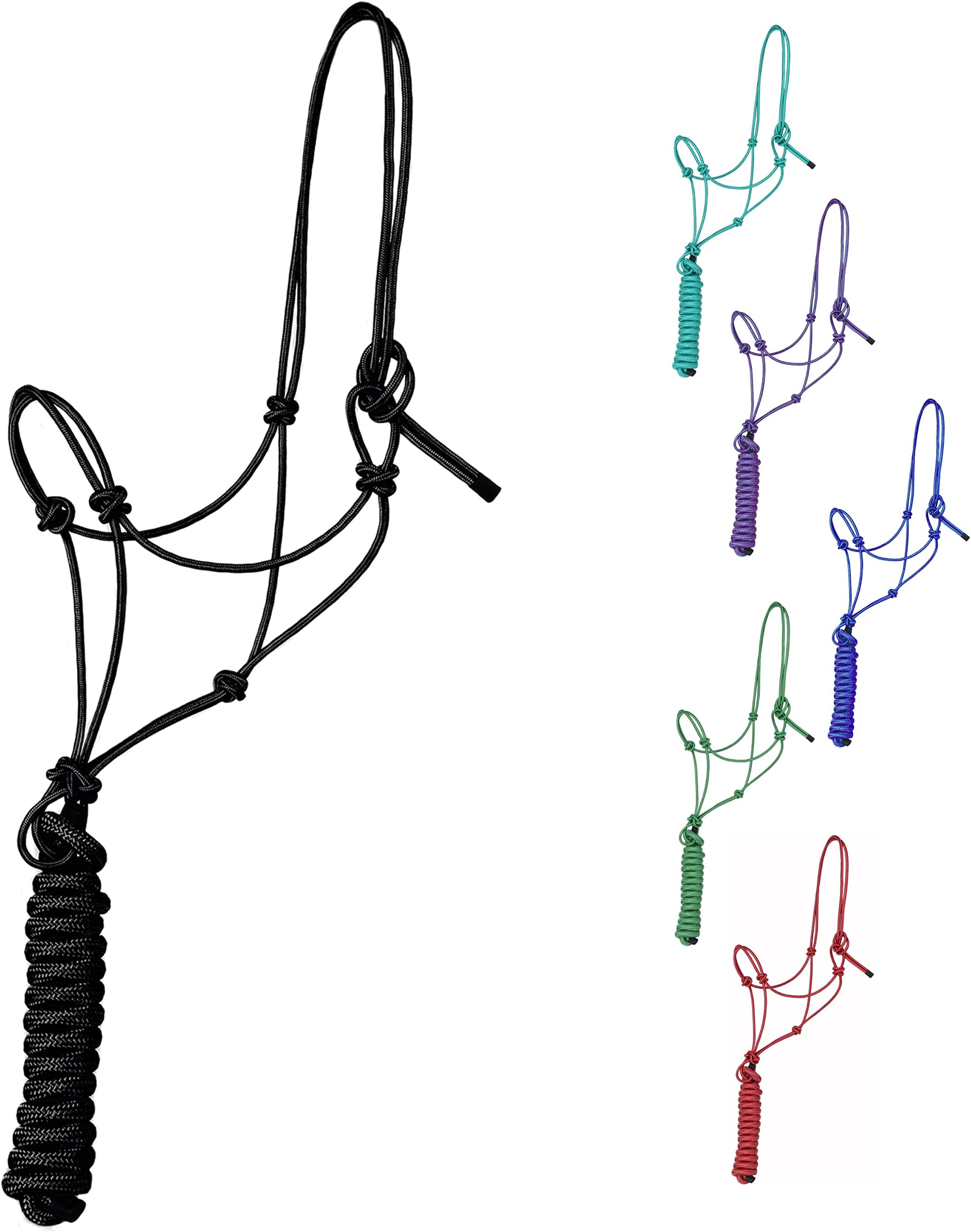 Majestic Ally 1/4" Rope 4 Knot Stiff Polyester Training Halter with 10’ Matching Lead Rope for Horses – Full (Black, Full)