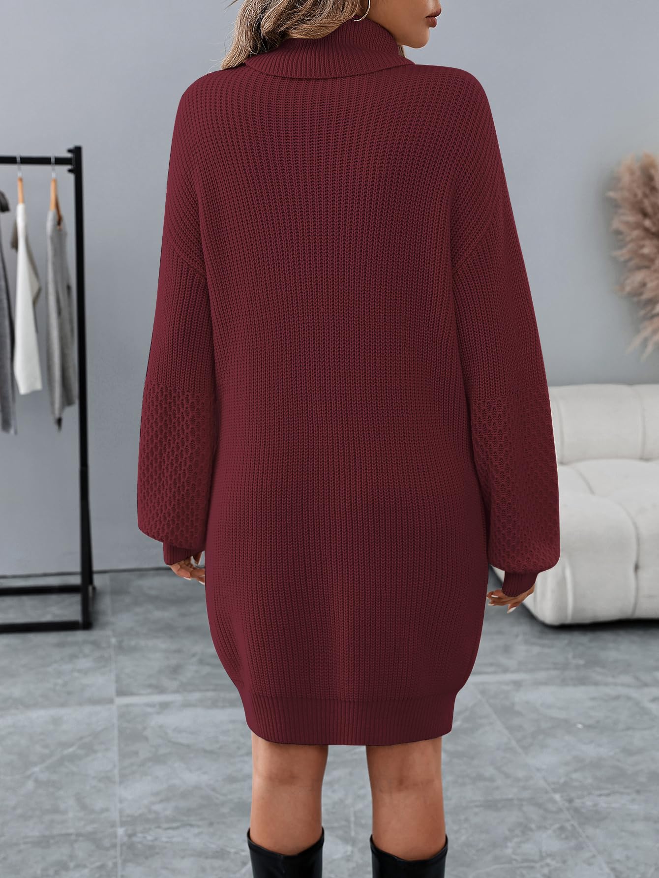 Strickkleid Damen Rollkragen Ballonärmel Rippstrick Locker Langarm kleid