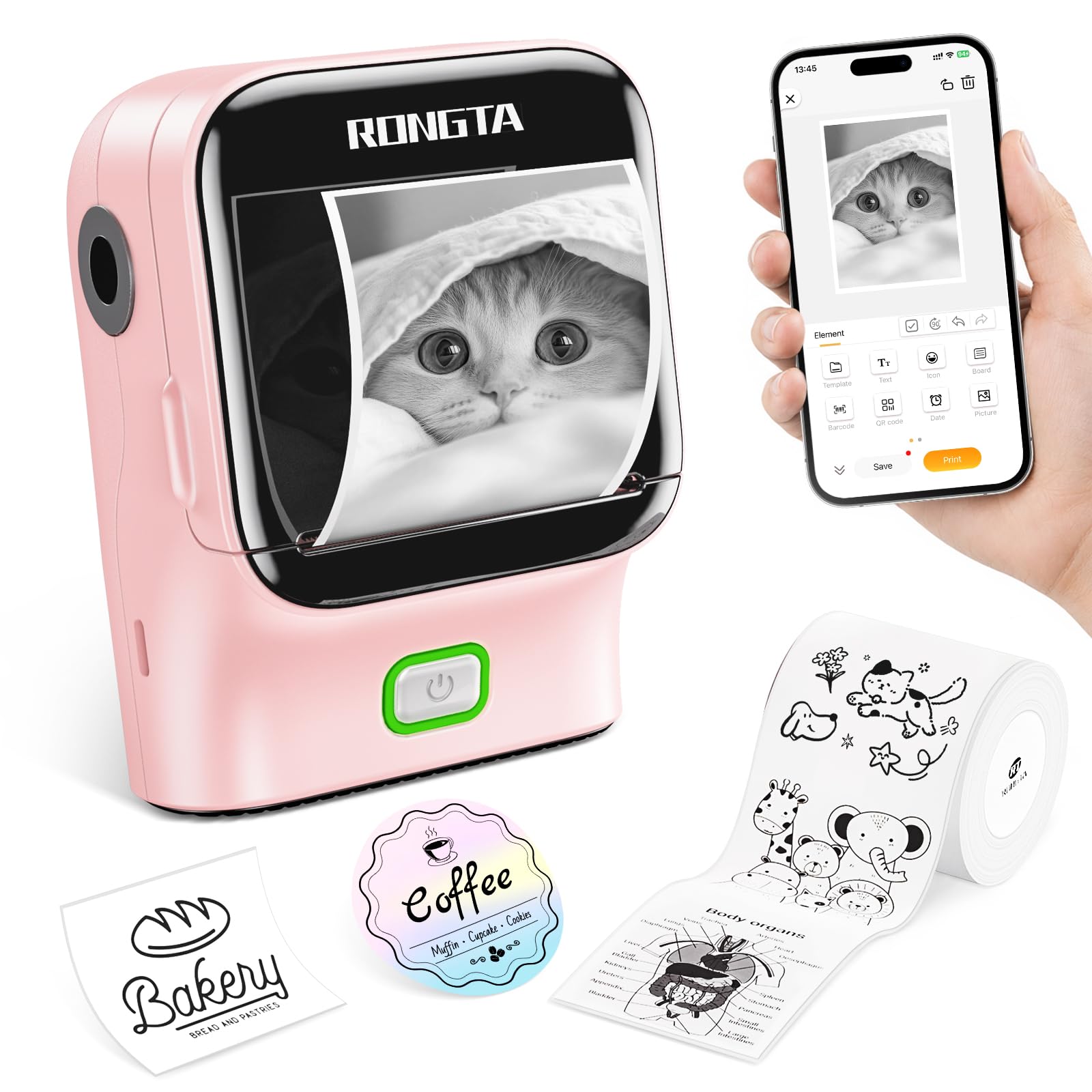 Rongta Mini Sticker Printer | Bluetooth Thermal Label Printer, Portable Inkless Label Maker Suitable for Creative Kids DIY, Diaries, Study Notes, Pink
