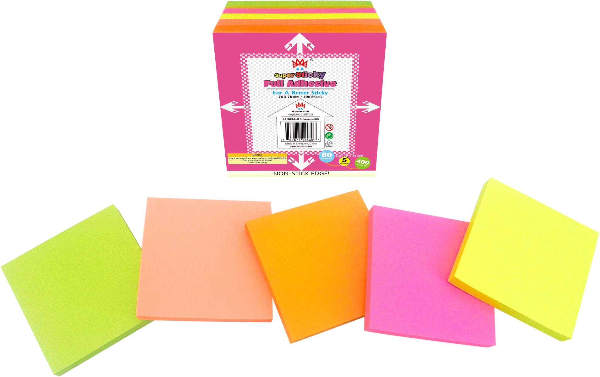 4A Sticky Full Adhesive Notes,3 1/3 x 3 Inches,80 Sheets/Color,Self-Stick Notes,5 Colors/Pack,400 Sheets Total,4A 303-Full Adhesive-400