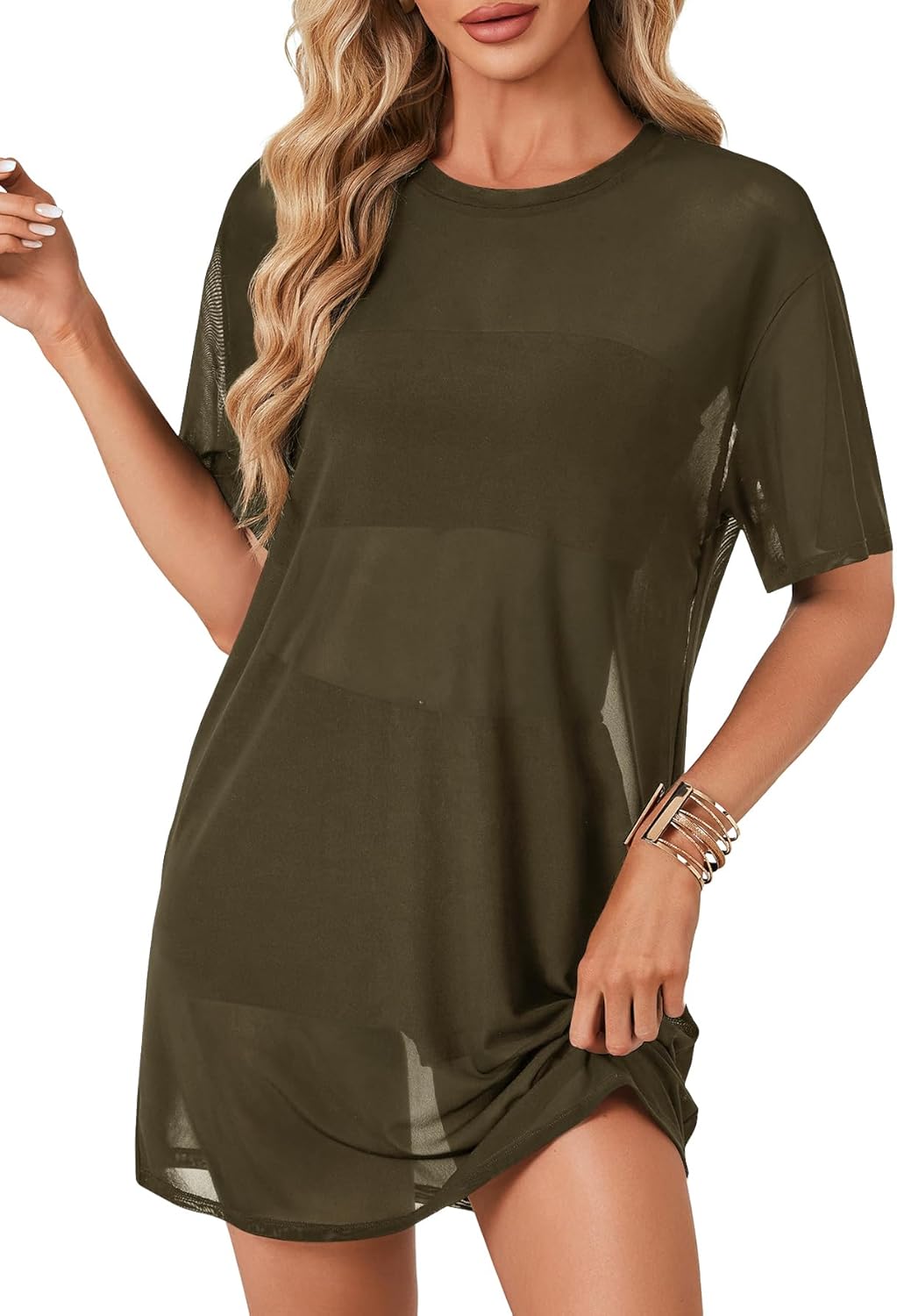 LYANER Women's Sheer Mesh Short Sleeve Cover Ups Round Neck See Through Sexy Blouse Shirt Top - Image 2