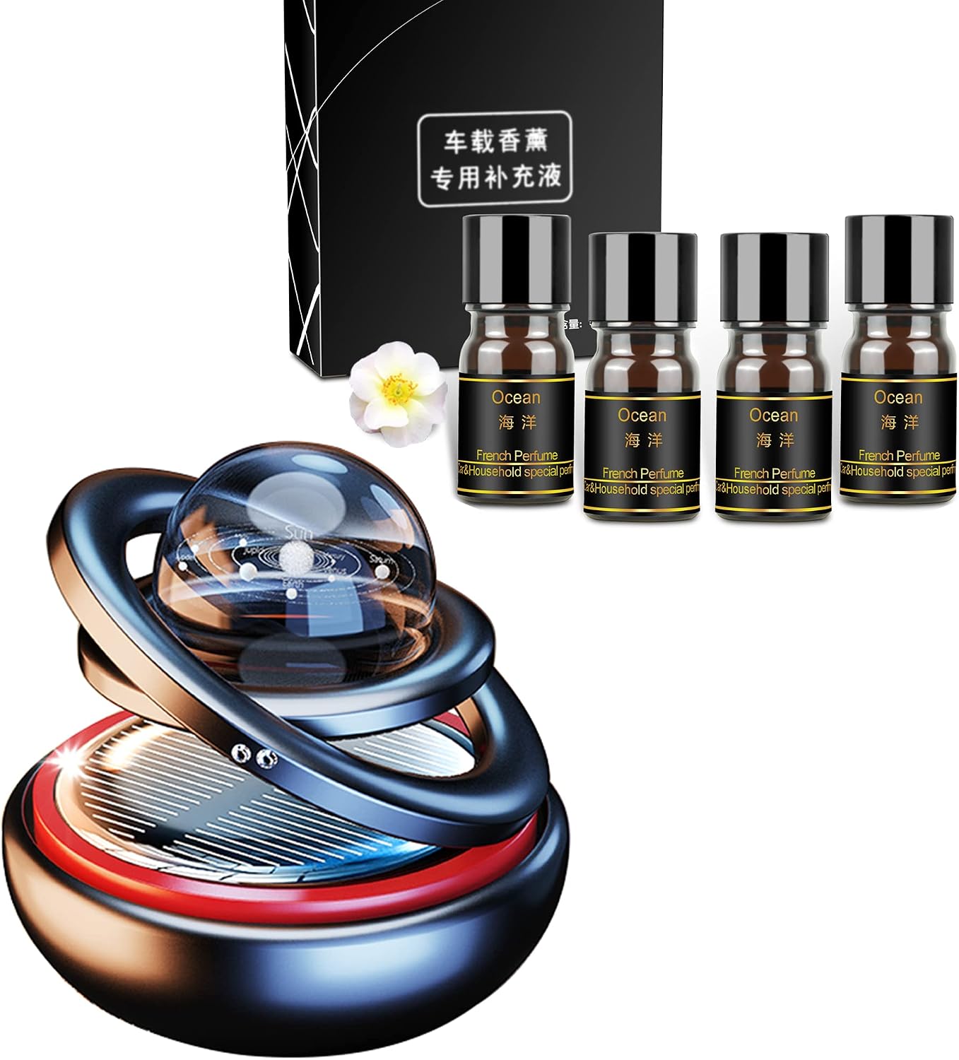 Kwak's Car Air Freshener Solar Energy Air Purifier for Car Interior Autorotation Decoration Accessories with 4 Bottles Essential Oil Refills