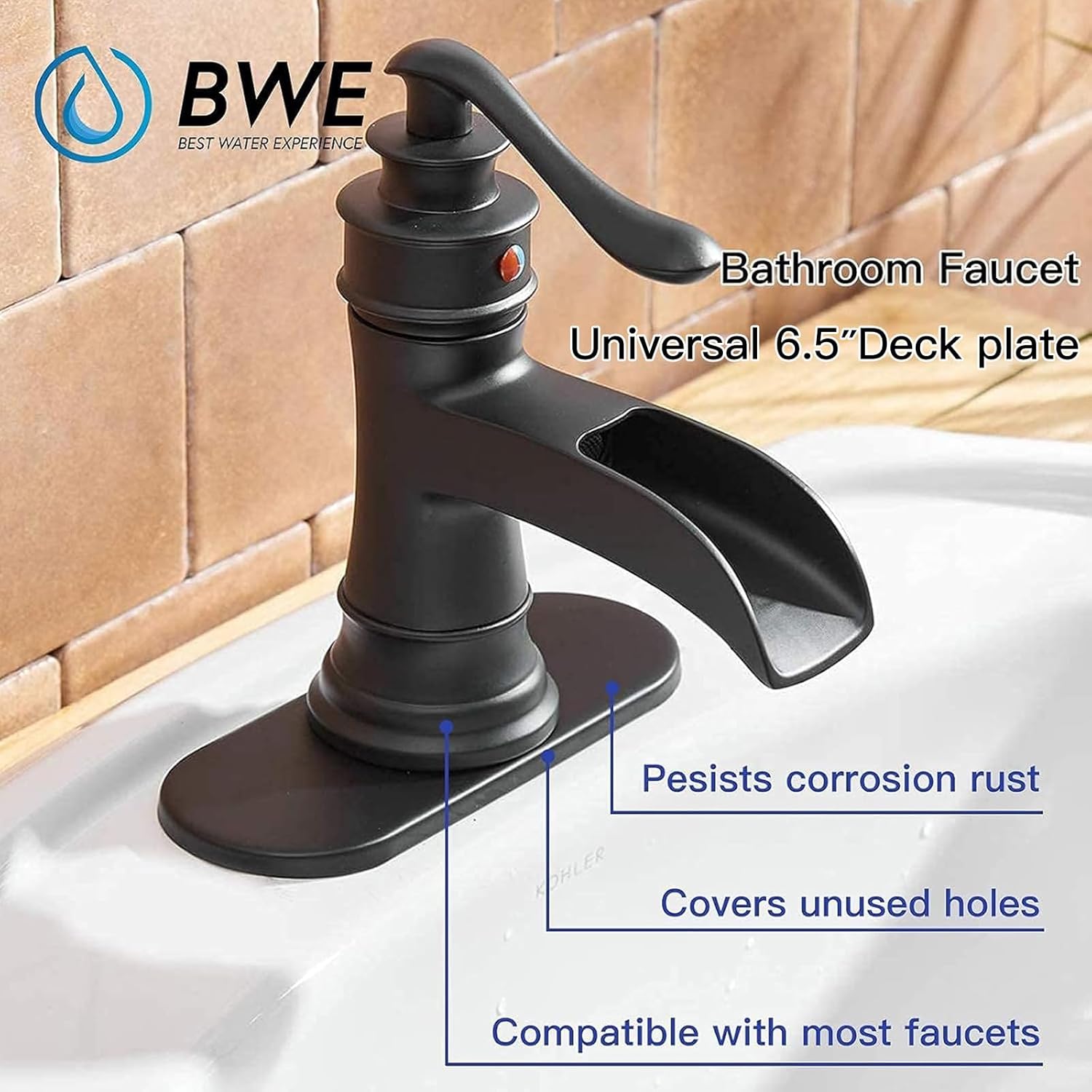 BWE 6.5 Inch Bathroom Vanity Sink Faucet 4" Hole Cover Deck Plate Escutcheon Black Matte
