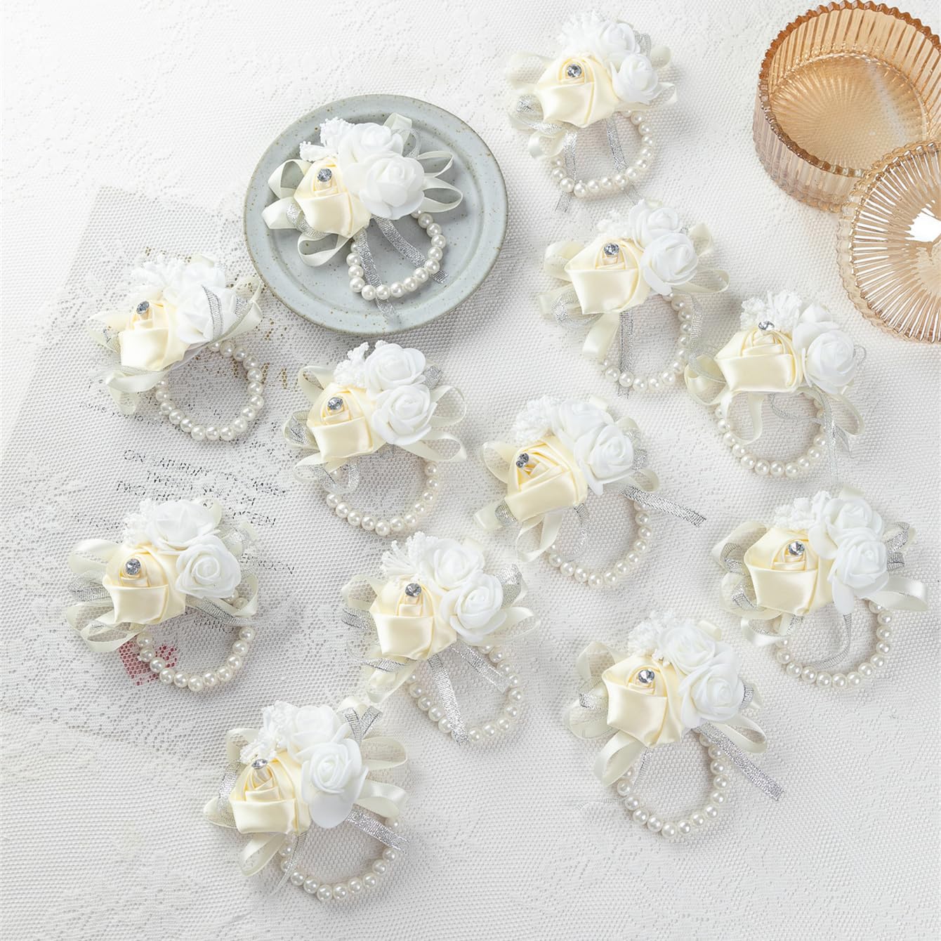 WeddingBobDIY 12Pcs/lot Women Bride Bridal Bridesmaid Wrist Corsage Silk Rose Pearls Girls Wedding Hand Flowers Party Decoration (Ivory)