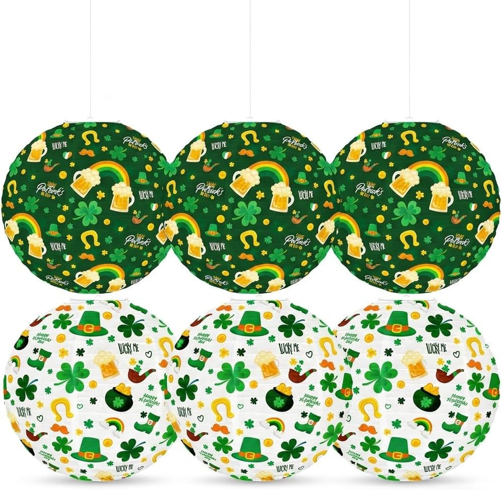 6 Pcs St Patricks Day Paper Lanterns Party Decorations, Green Clover Clover Printed Hanging Round Paper Lanterns for Irish Party Saint Patricks Day, Festive Indoor Outdoor Party Supplies
